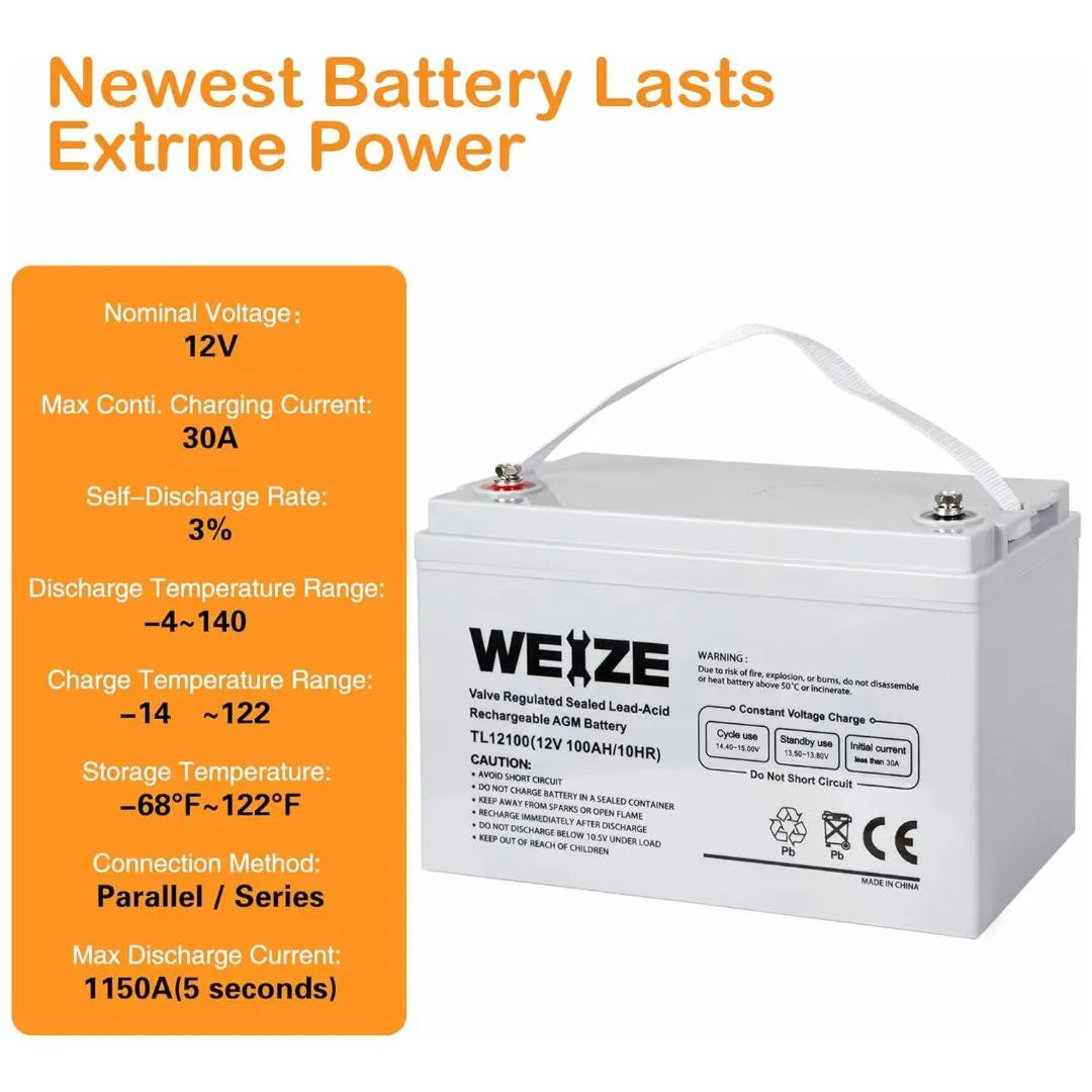 WEIZE 12V 100AH Deep Cycle AGM Battery for Solar, RV, Marine - Maintenance-Free SLA Battery (Light Grey) - Perfect for Off-Grid Power, Trolling Motors & Backup Systems