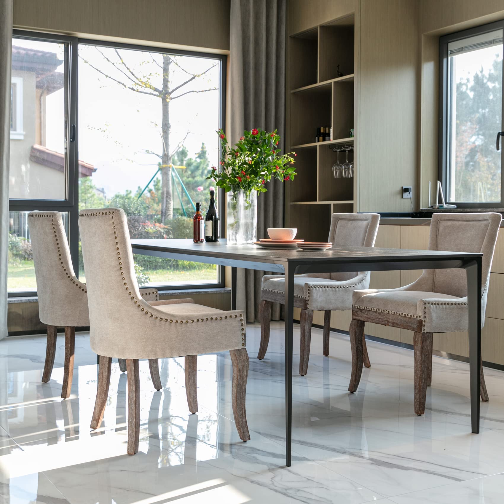 Aoowow 2-Piece Fabric Upholstered Side Chairs Set - Solid Wood Dining Chairs with Nailhead Trim, Beige - Perfect for Kitchen, Dining Room & Home Office Seating