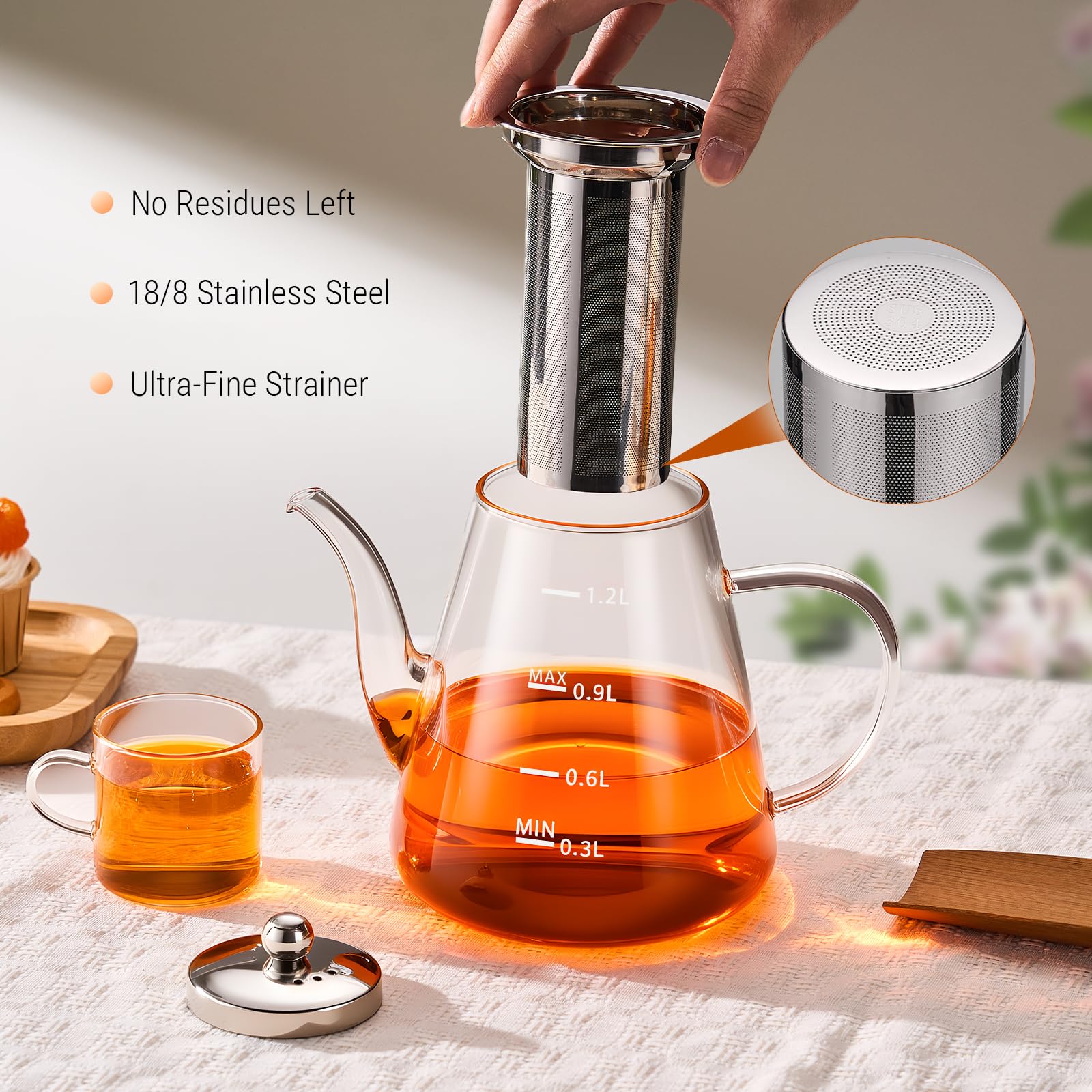 Premium Borosilicate Glass Teapot with Removable Stainless Steel Infuser - 41oz/1200ml Clear Stovetop Tea Kettle with Measurement Scale - Perfect for Blooming, Loose Leaf & Herbal Tea Brewing - Ideal for Home, Office, Camping & Outdoor Use