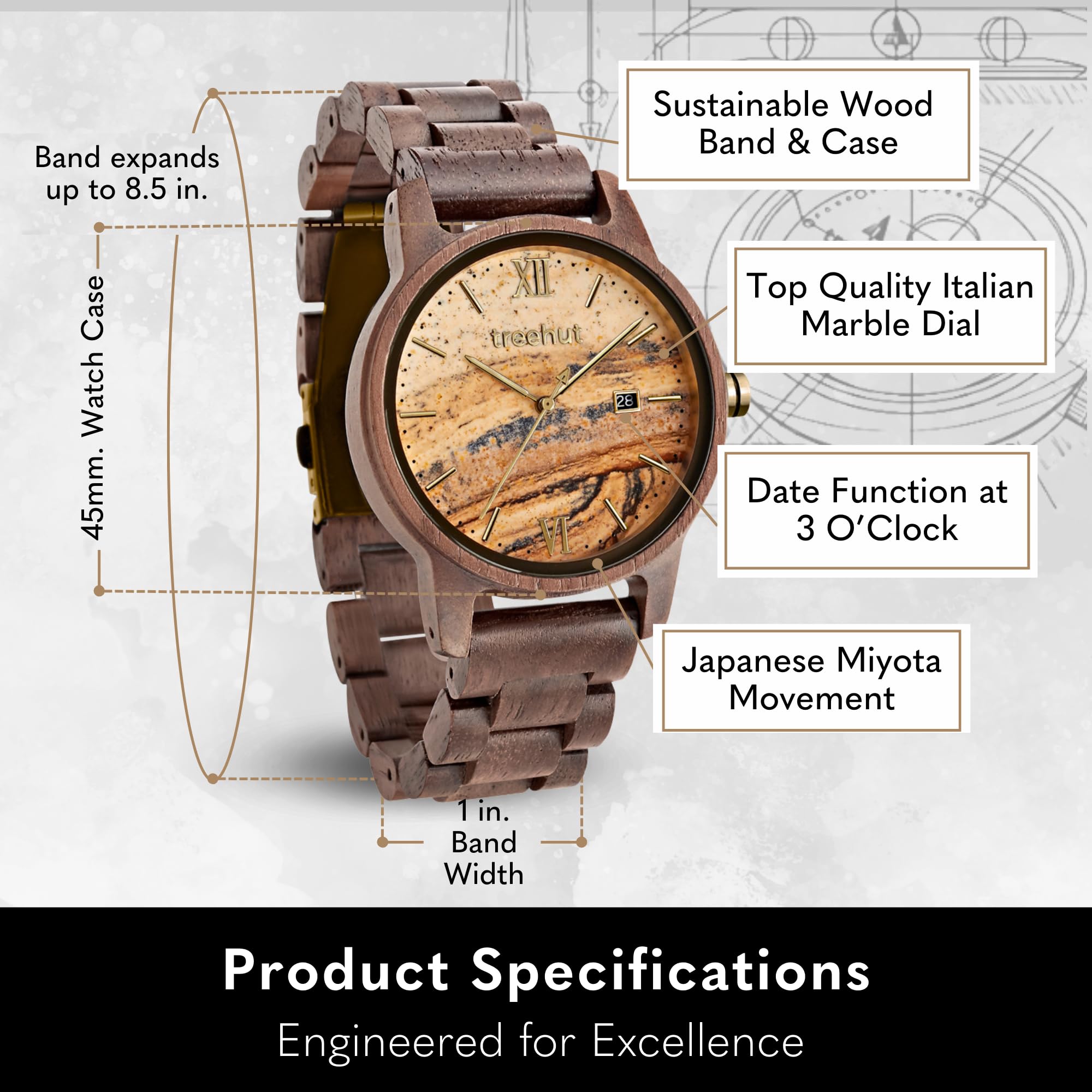Premium Wooden Watch for Men - Real Wood Strap, Stainless Steel Clasp & Japanese Quartz Movement - Date Display Analog Wristwatch in Gift Box | Perfect for Business, Casual Wear & Anniversary Gifts