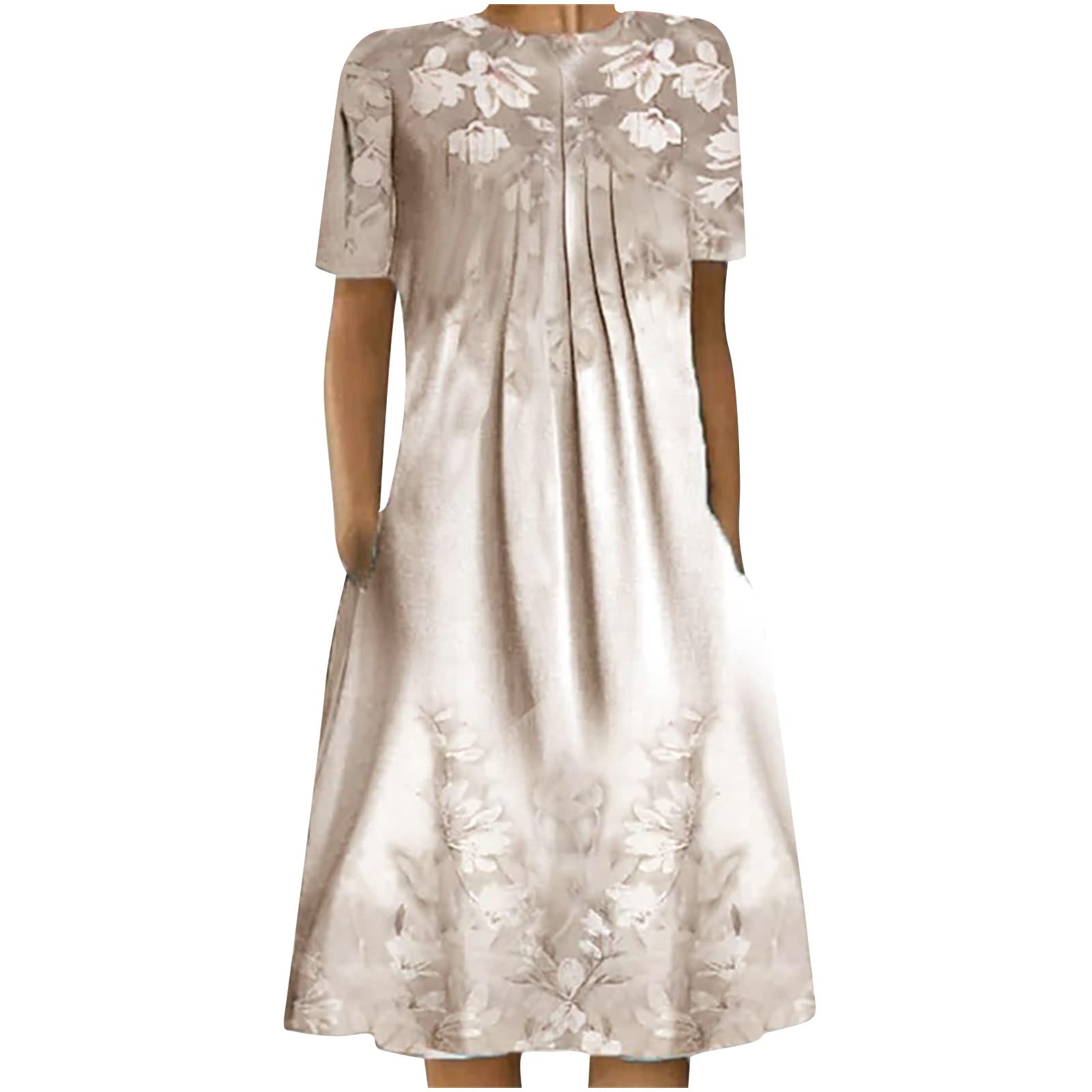 Ceimmol Women's Summer Floral Print Pleated Swing Dress - Short Sleeve Crewneck Knee-Length Casual Dress with Pockets | Perfect for Beach Vacations, Picnics & Summer Outings
