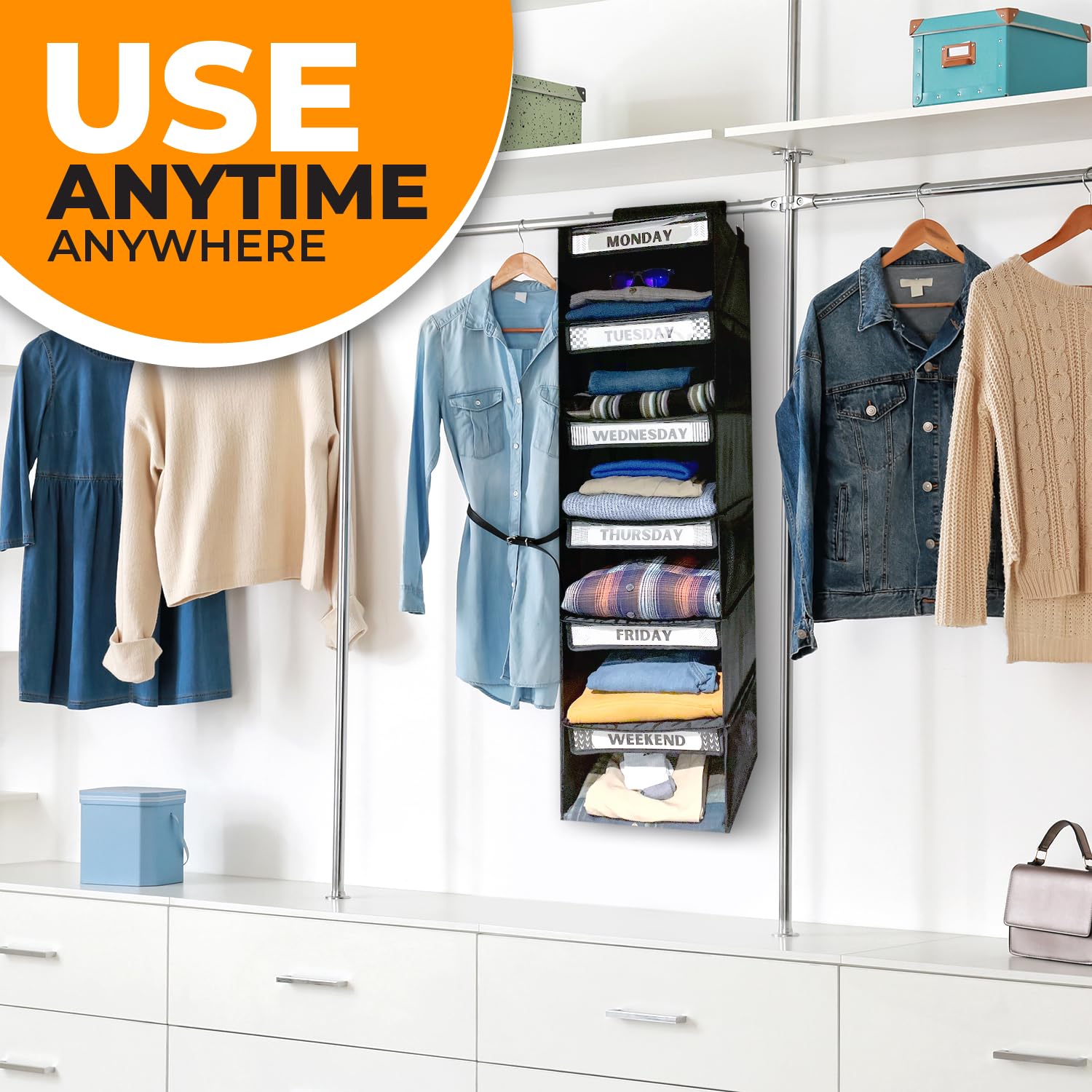6-Shelf Hanging Closet Organizer with Side Pockets - Foldable Weekly Clothing Storage for Travel - Heavy Duty Black Wardrobe Organizer - Perfect for Bedroom, Closet & Suitcase Organization