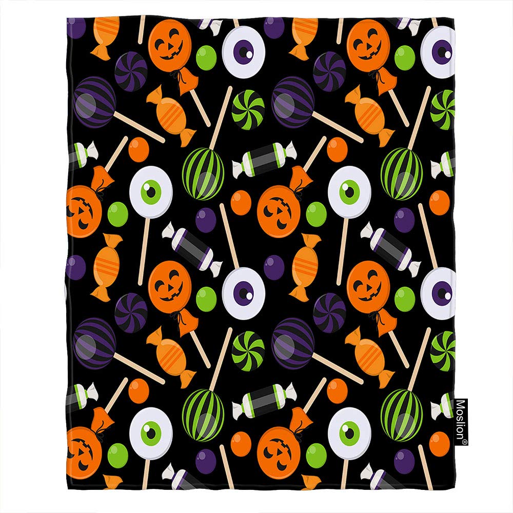 Halloween Pumpkin Candy Lollipop Green Eyes Throw Blanket 50x60 Inch - Soft Flannel Plush Blanket for Couch, Bed, Boys & Girls - Perfect for Halloween Decor, Movie Nights & Cozy Gift Giving