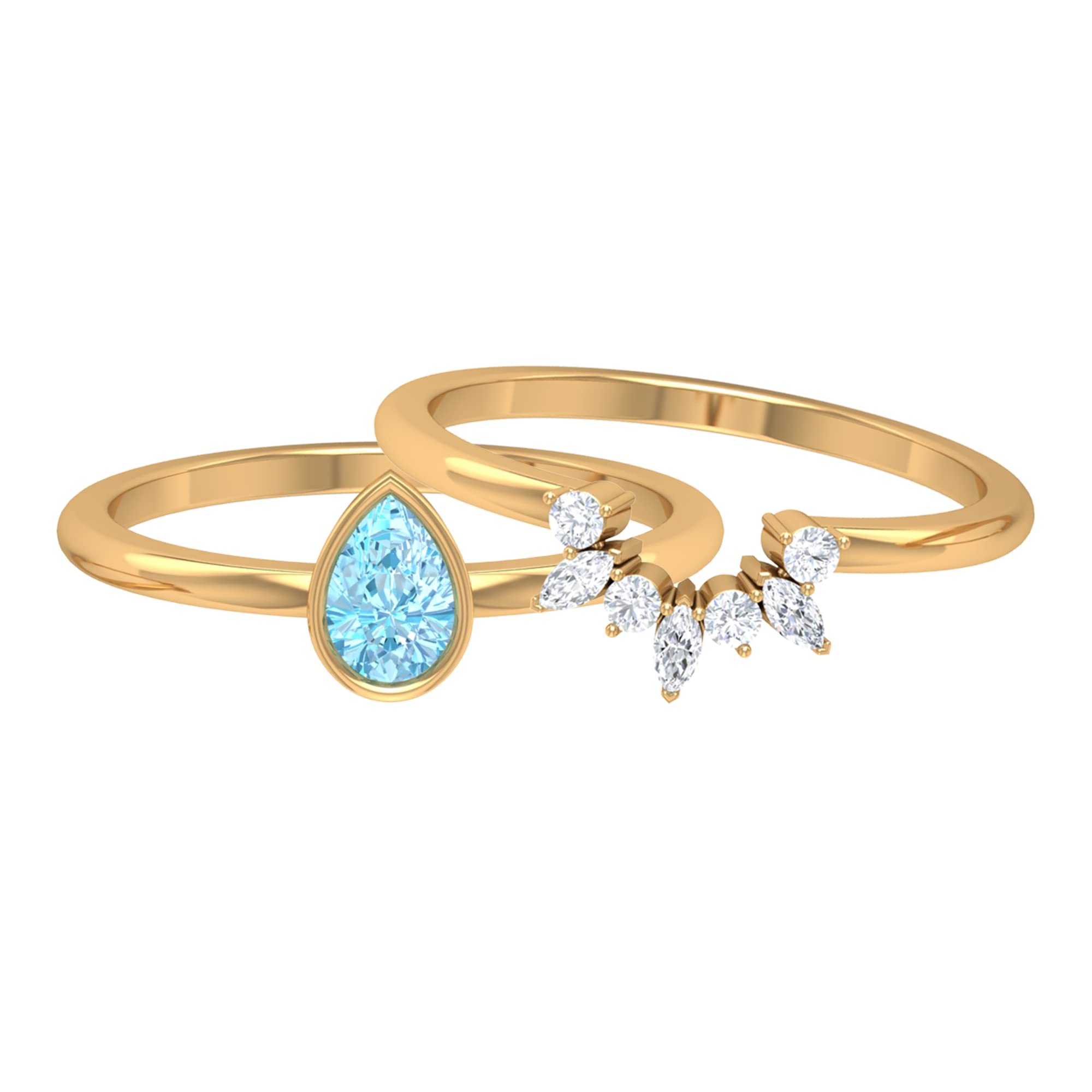 14K Solid Gold Pear Cut Aquamarine & Diamond Ring Set – Elegant Solitaire, Wedding & Bridal Jewelry for Engagement, Anniversary & Special Occasions