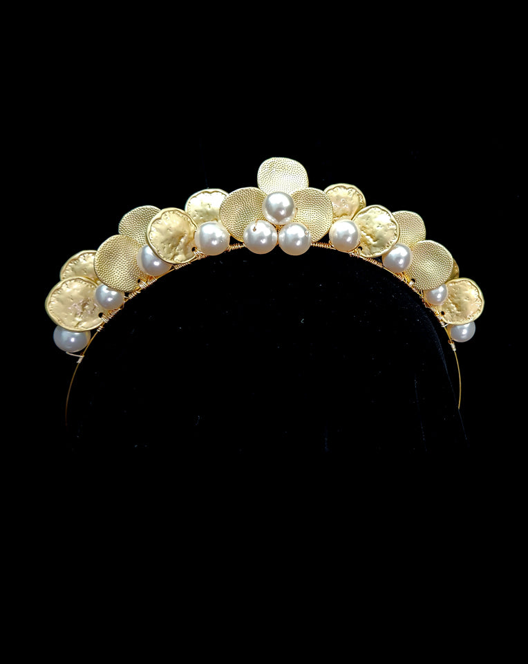 Elegant Bridal Headpiece - Grecian Pearl & Gold Textured Metal Headband by Kezani | Perfect for Weddings, Prom & Special Occasions