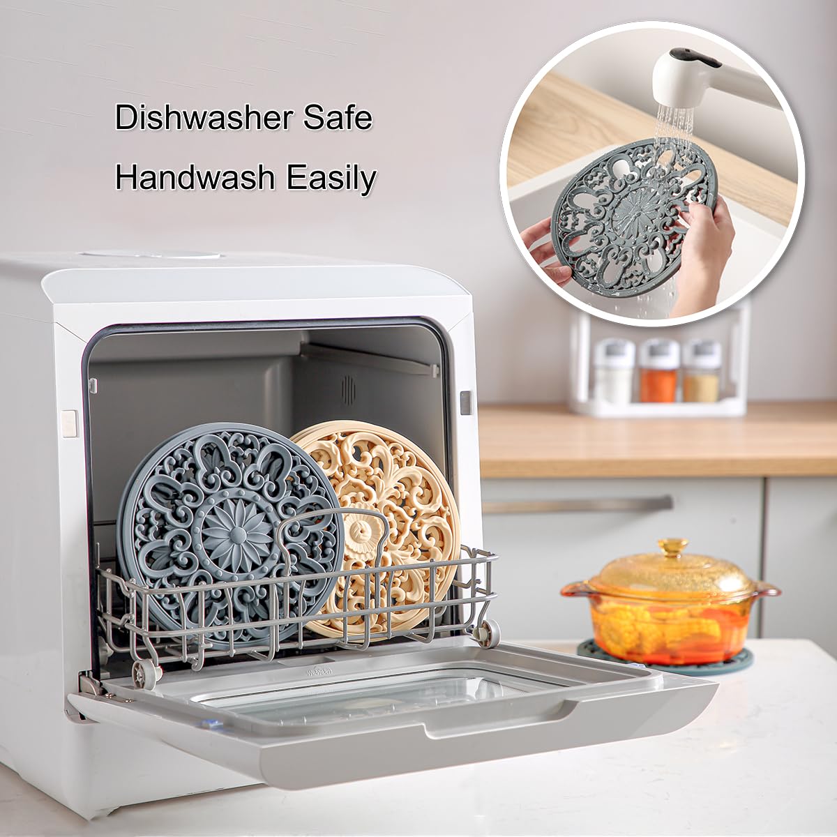 Premium Extra Thick Silicone Trivet Mats (Set of 3) - Heat Resistant Hot Pot Holders & Pan Protectors for Kitchen Countertops & Tables | Beige Kitchen Decor Accessories | Ideal for Serving Dishes, Baking, and Dining Protection