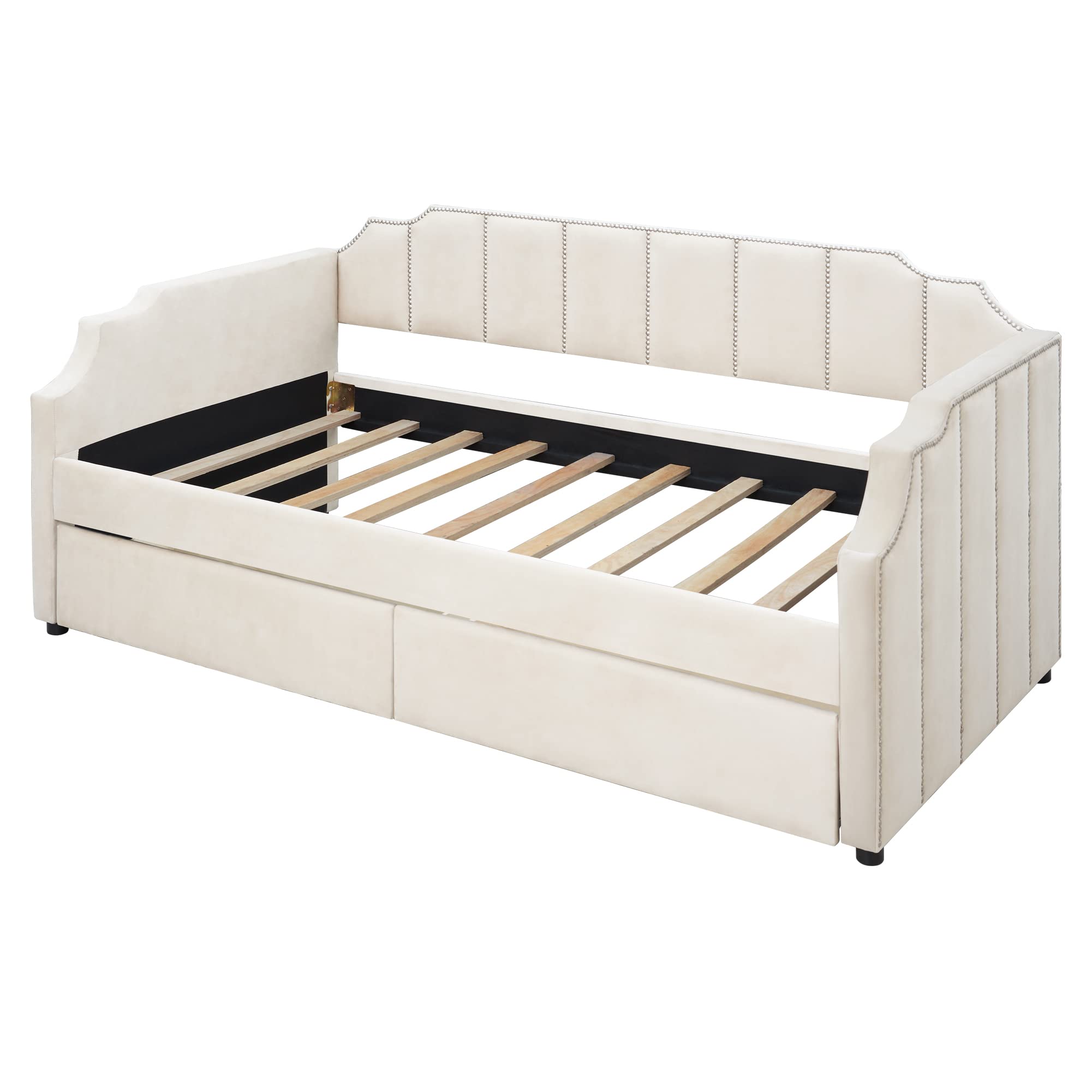 Twin Size Upholstered Daybed with Storage Drawers - Classic Style Sofa Bed Frame, No Box Spring Needed, Beige - Perfect for Guest Rooms, Small Apartments & Home Offices