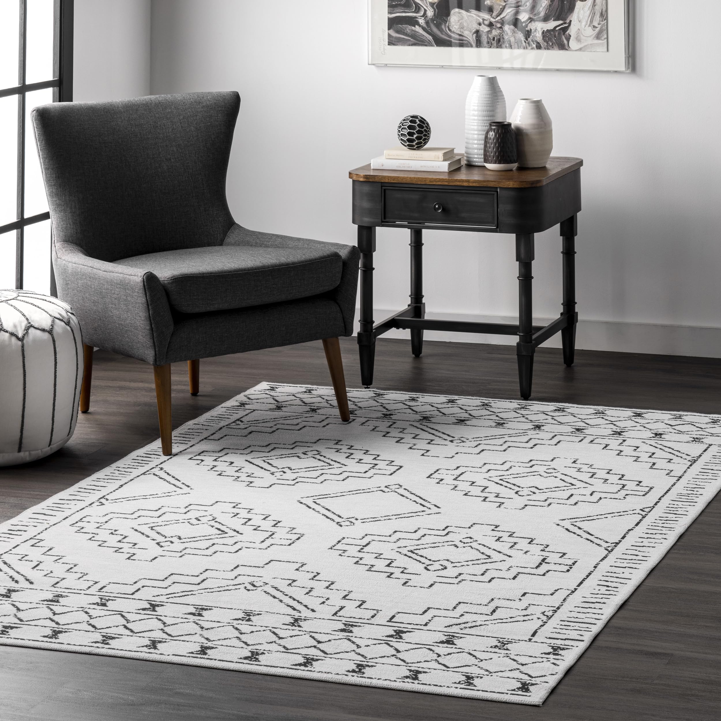 nuLOOM 8' Square SpinClean Machine Washable Stain-Resistant Non-Slip Area Rug - Perfect for Living Room, Bedroom & Dining Room - Noa White - Adds Comfort & Style to Home Decor