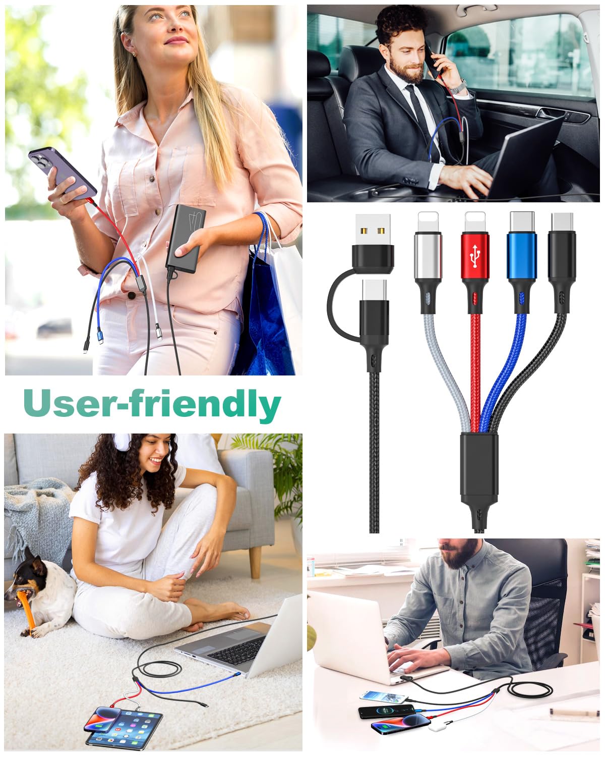 HanCenDa 4-in-2 Multi Charging Cable 6FT 3-Pack - Nylon Braided USB A/C to Lightning/Type-C/Micro USB Fast Charger for iPhone 16/15/14/13, Samsung, iPad, Android - Perfect for Home, Office & Travel Charging Needs