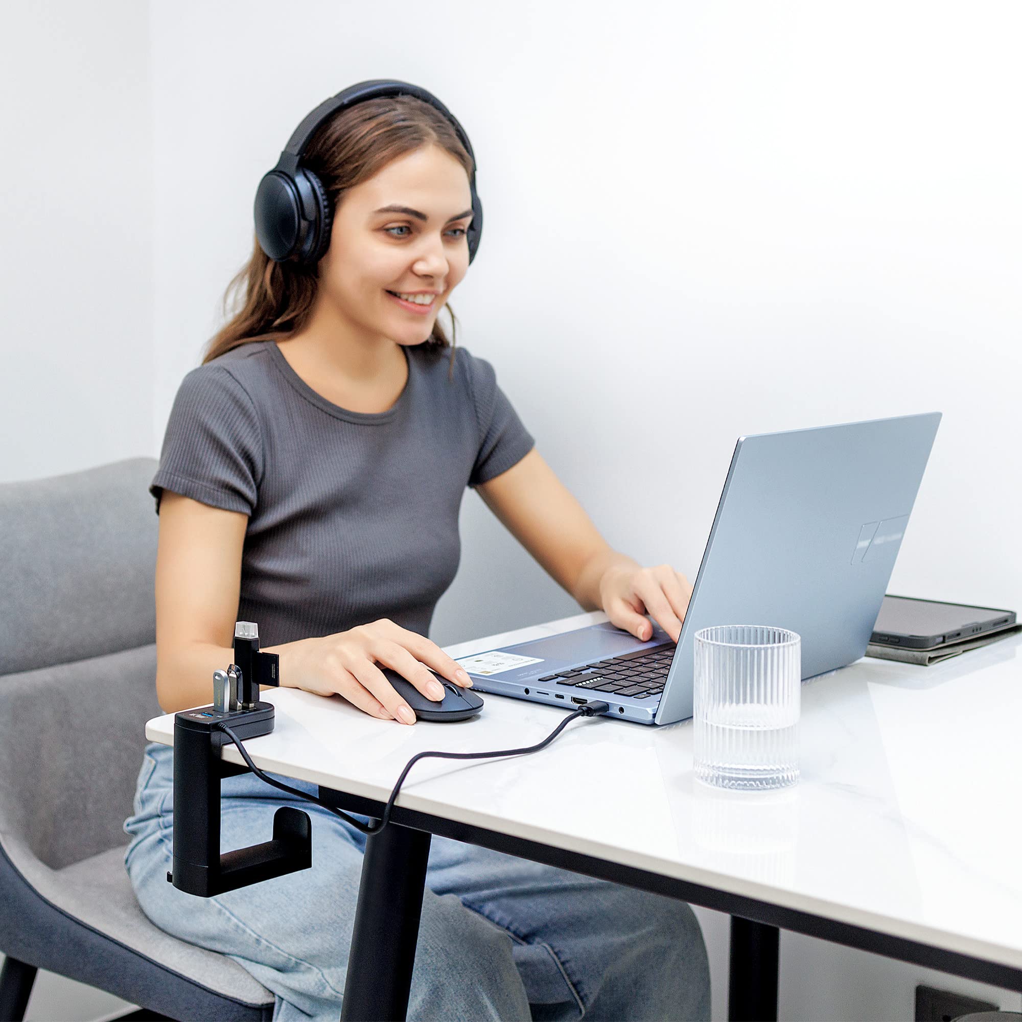 Kiorafoto 2-in-1 Under Desk Headphone Hook & 4-Port USB 3.0 Hub - 360° Rotating Gaming Headset Stand with High-Speed Data Transfer for PC, Laptop, and Multiple Devices | Perfect for Home Office, Gaming Setup, and Workspace Organization