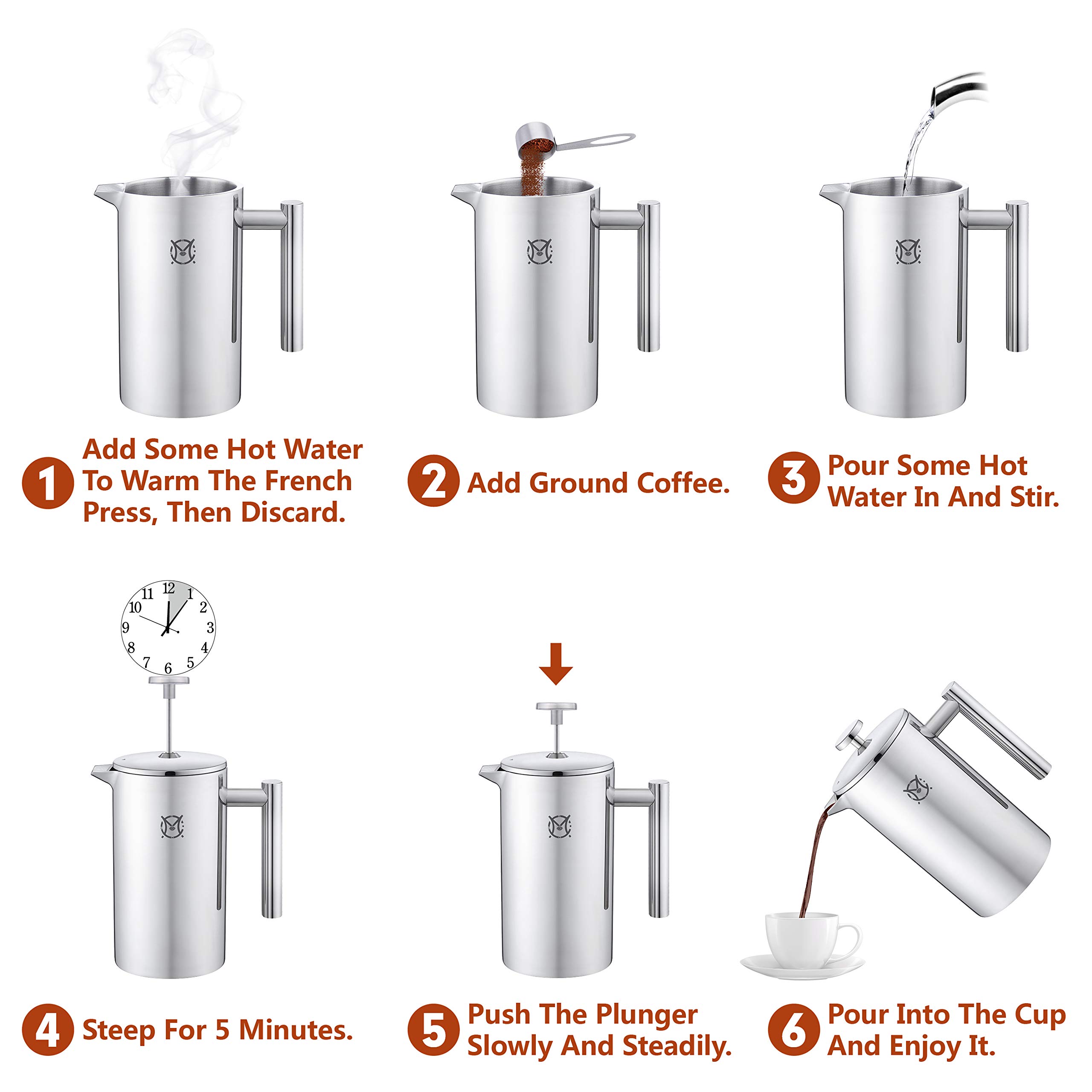 Premium Stainless Steel French Press Coffee Maker – 2 Cup (750ml/24oz) Double Walled Insulated Design for Hotter Coffee – Perfect for Home, Office & Camping Use