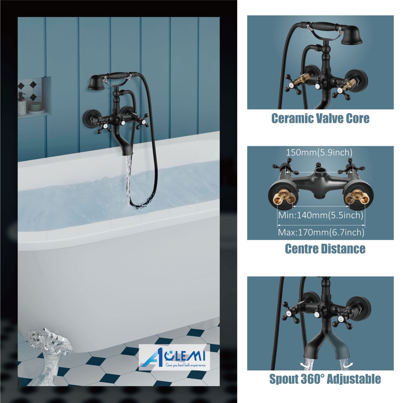 Aolemi Matte Black Wall Mount Bathtub Faucet with Hand Shower Sprayer - Vintage Double Cross Handle Mixer Tap - Perfect for Bathroom Renovation & Spa-Like Shower Experience