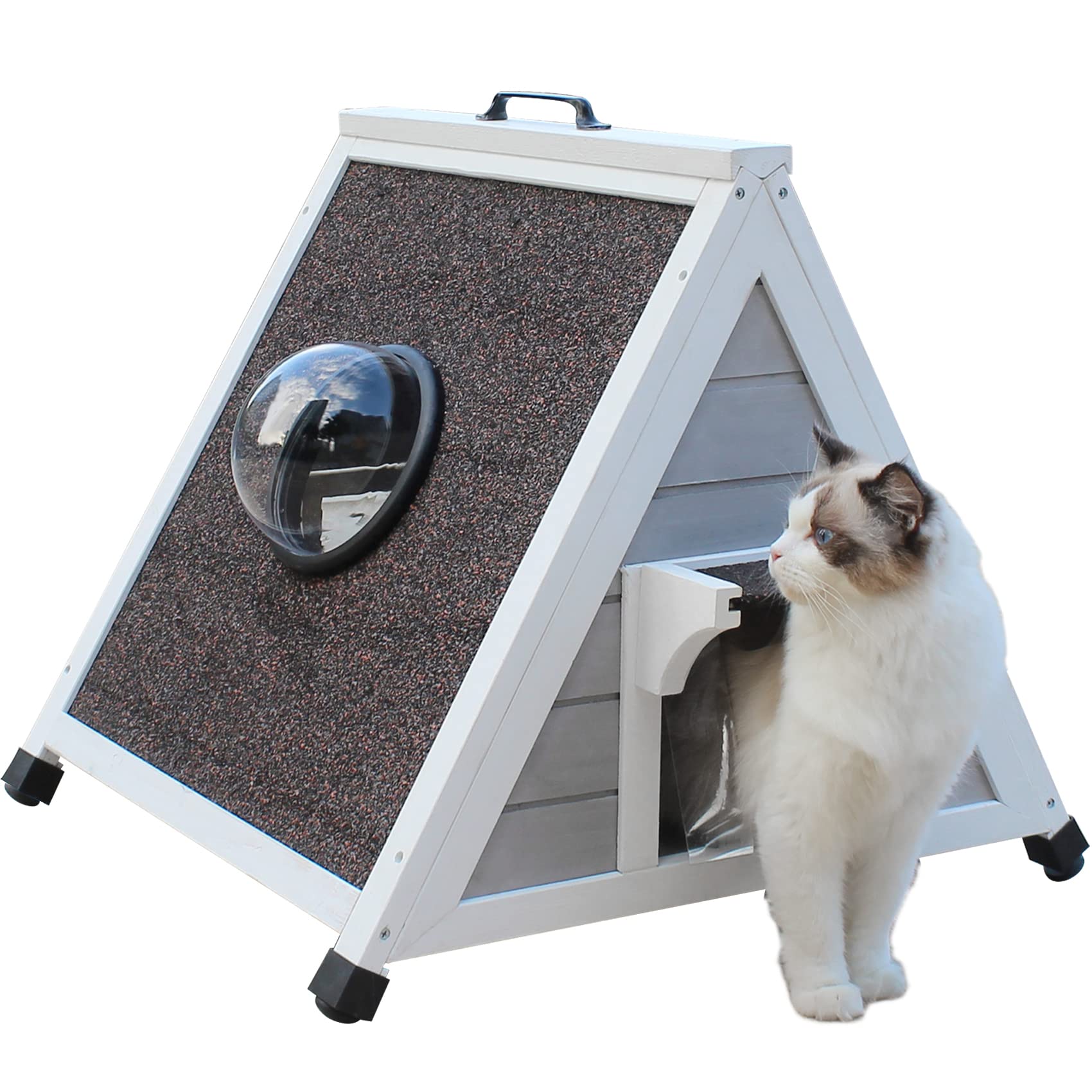 **Weatherproof Outdoor Cat House for Feral & Stray Cats - Insulated Wooden Shelter with Escape Door & Clear Window - Grey Small Pet House for Winter & All Seasons (Perfect for Backyard, Garden & Patio)**