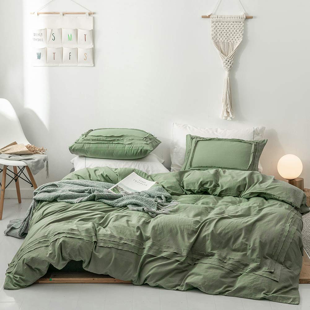 Premium Sage Green Washed Cotton Duvet Cover Set Twin Size - 2 Piece Soft & Durable Bedding with Hidden Zipper & Corner Ties | Comforter Cover + Pillowcase | Perfect for Guest Rooms, Dorms & Cozy Bedroom Retreats