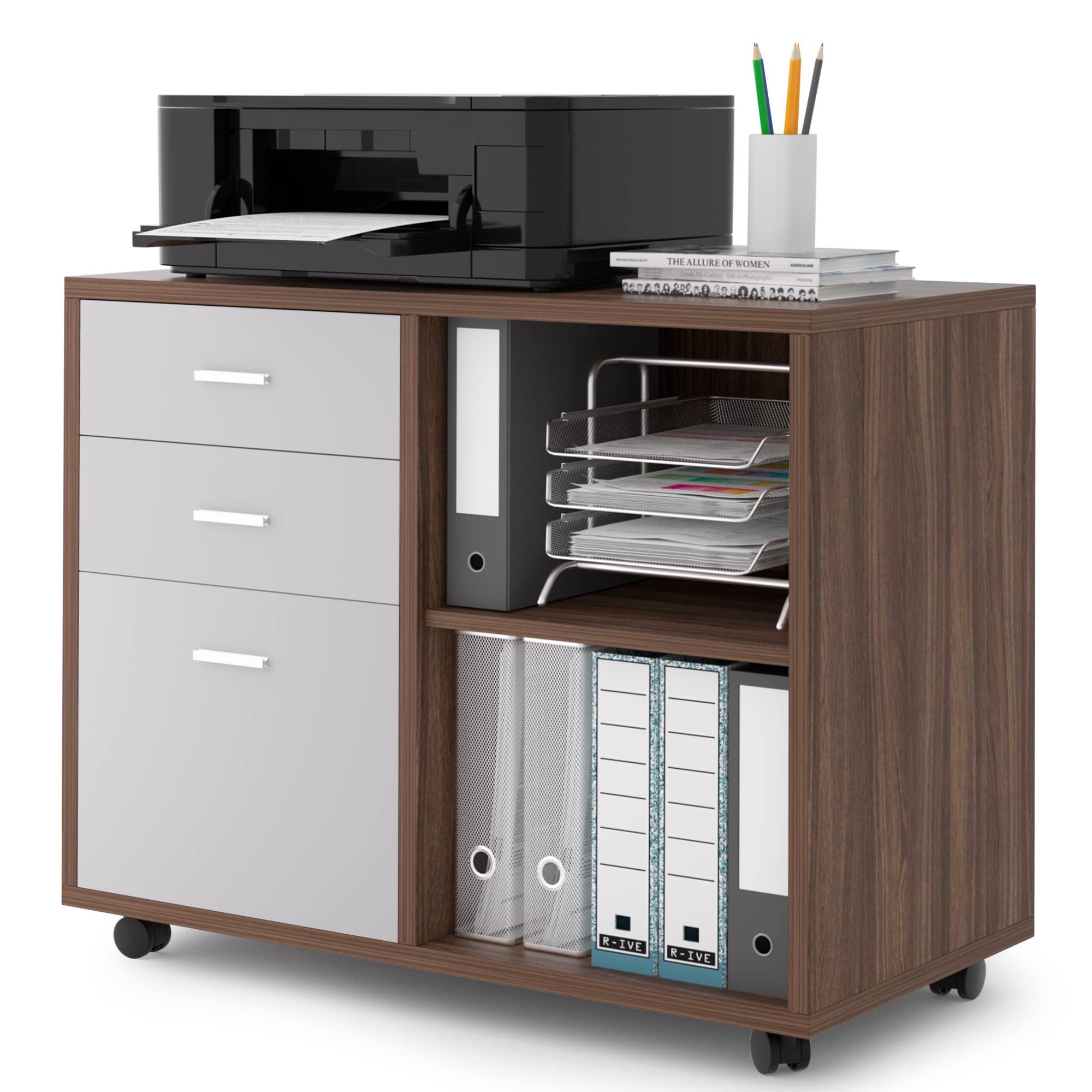 KevinPlus 3-Drawer Lateral File Cabinet for Home Office - Wooden Storage Cabinet with Wheels, Open Shelves & Printer Stand - Walnut & Light Grey - Perfect for Organizing Documents, Supplies & Office Equipment