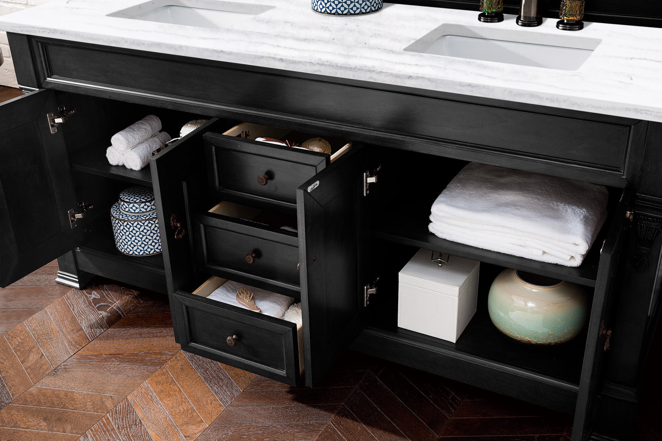 Brookfield 72 Inch Double Bathroom Vanity with Antique Black Finish & 3CM Arctic Fall Solid Surface Top - Perfect for Master Bathrooms and Modern Home Renovations