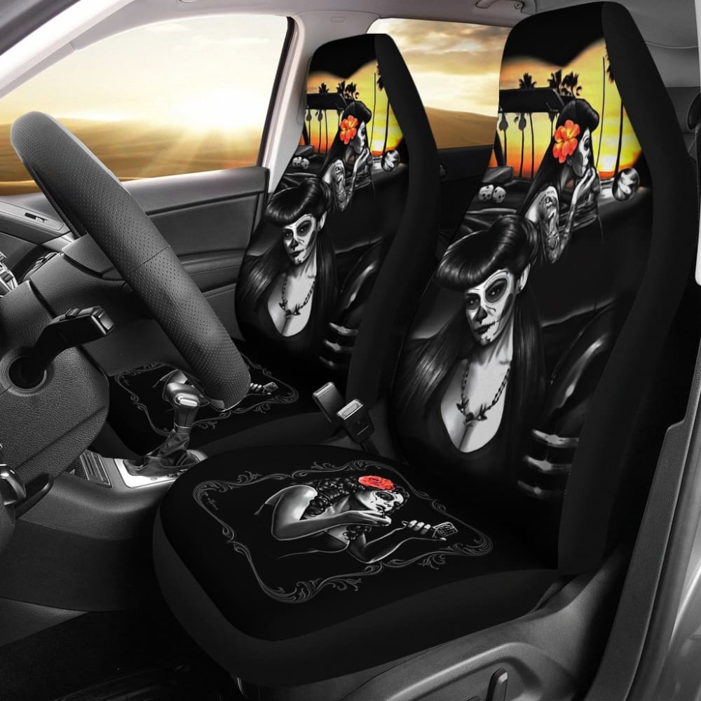 Stylish Couple Love Calavera Sugar Skull Car Seat Covers for Cars - Gothic Mexican Day of the Dead Design - Perfect for Couples, Halloween Decor & Unique Gift Ideas