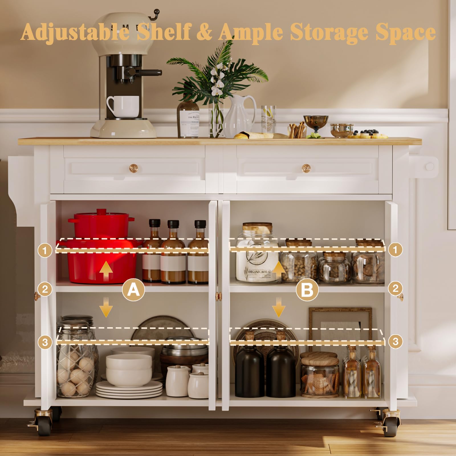 White Rolling Kitchen Island with Drop Leaf - Mobile Kitchen Cart with Storage, Towel Rack & Drawers - Perfect for Small Kitchens, Dining Rooms & Food Prep Areas