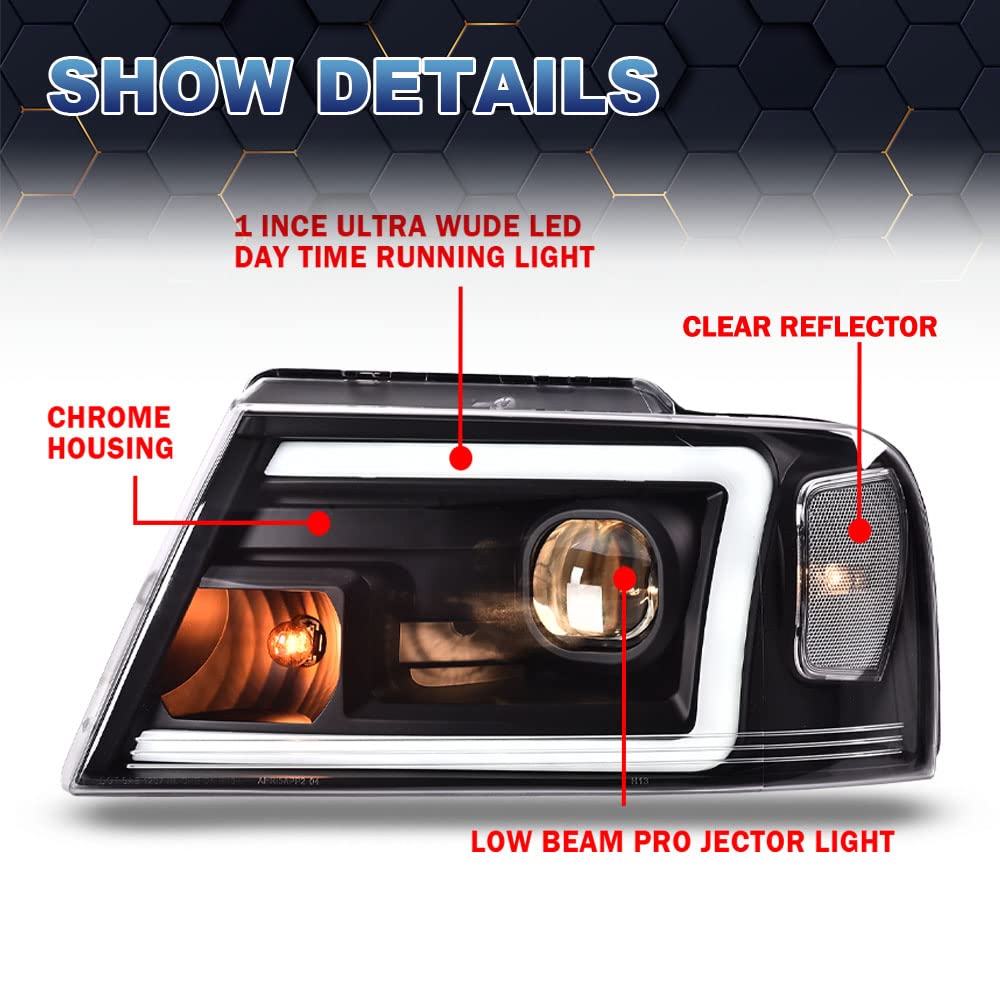 PIT66 LED DRL Headlights for 2004-2008 Ford F150 & Lincoln Mark LT - Clear Lens Black Housing - Perfect for Night Driving