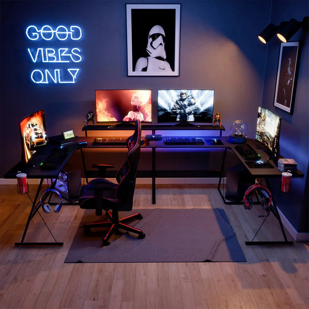 Bestier 65 Inch L-Shaped Gaming Desk with Cup Holder & Power Outlet - Ergonomic Computer Desk for PC Gamers & Home Office Workstation - Perfect for Small Spaces & Multi-Monitor Setups