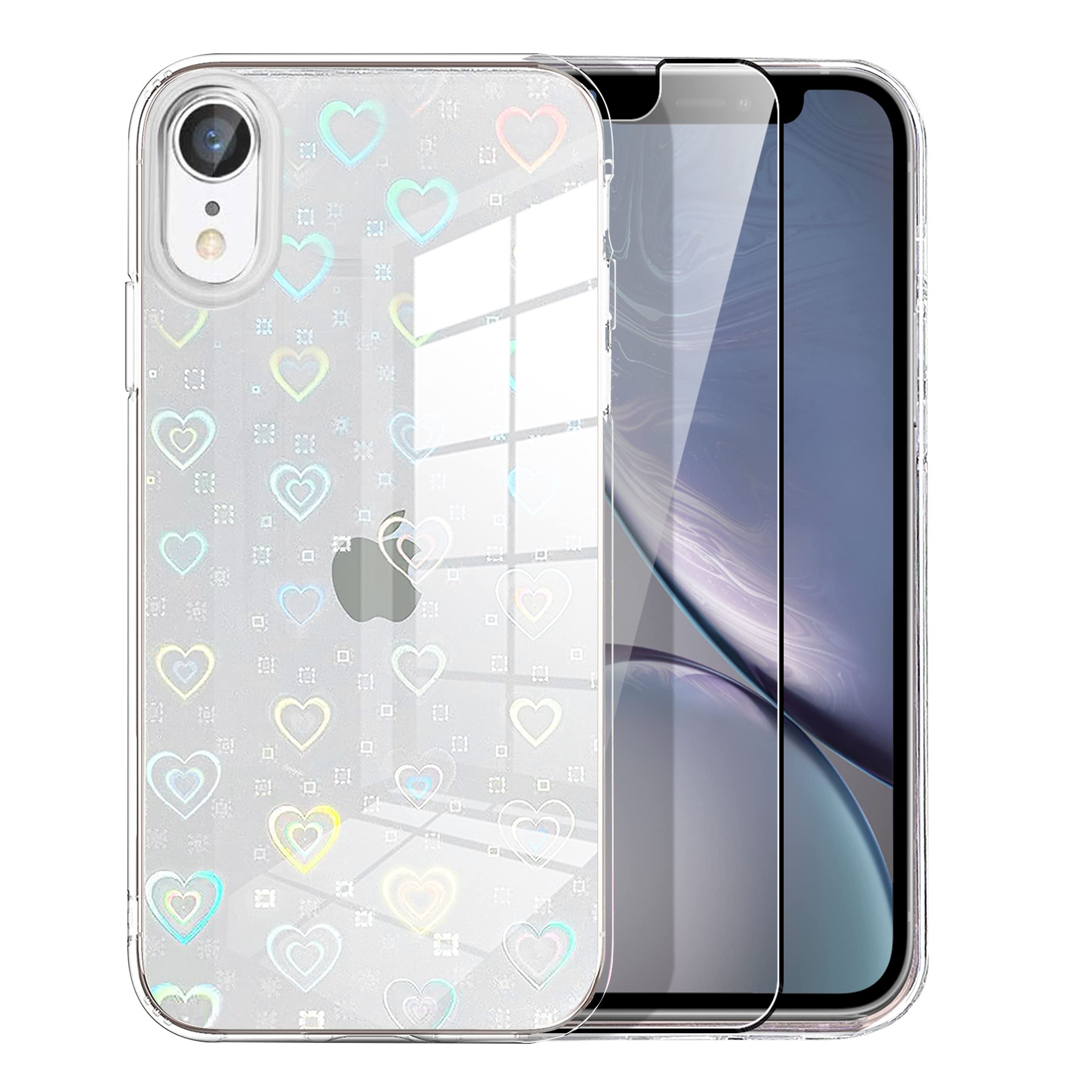 MZELQ iPhone XR Case - Sparkling Glitter Rainbow Heart Luxury Crystal Phone Cover with Screen Protector for Women & Girls | Trendy Cute Design for Daily Use, Parties & Gifts