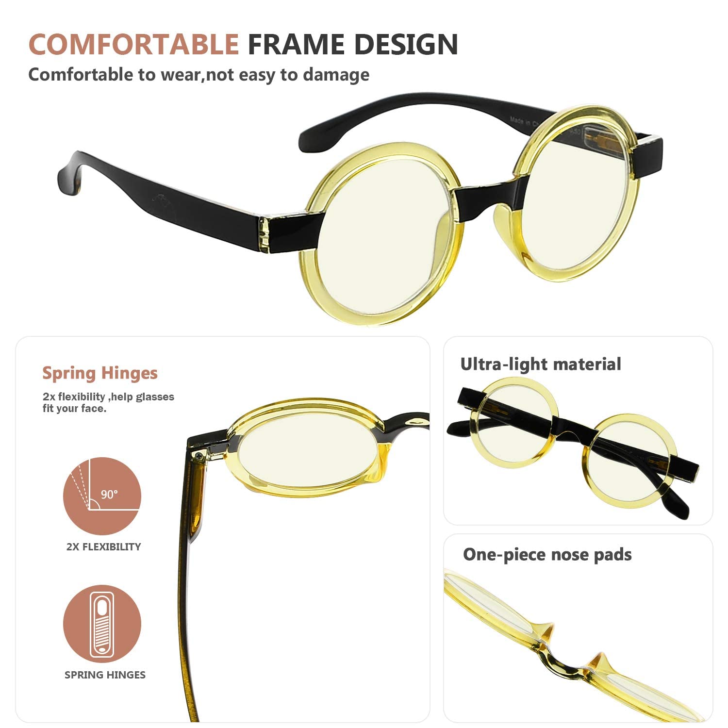 Blue Light Blocking Reading Glasses for Women - Round Computer Eyewear with +1.25 Magnification in Yellow | Reduce Eye Strain for Office Work, Screen Time & Digital Device Use