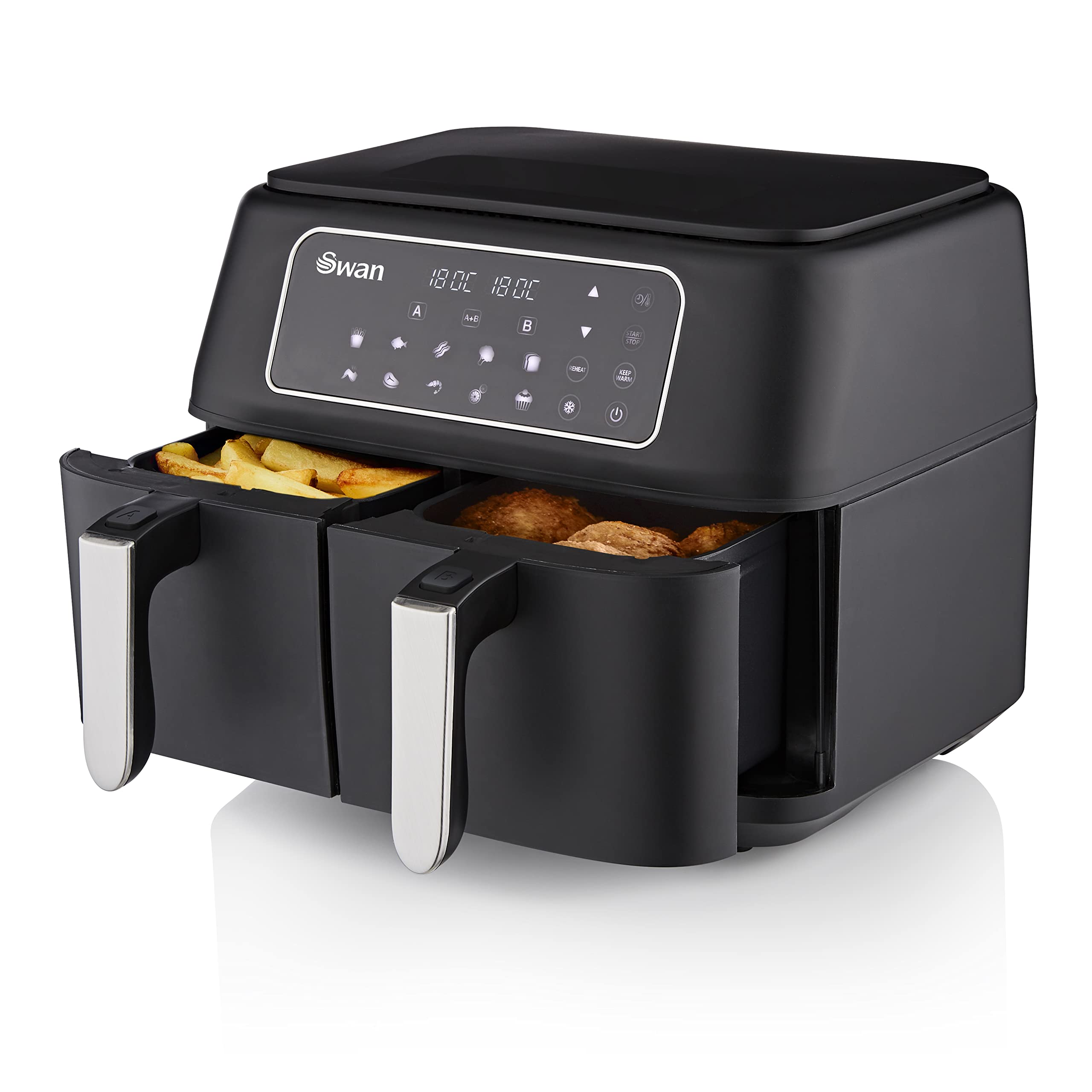 Swan SD10410N 8L Digital Dual Basket Air Fryer with Keep Warm Function - 10 One-Touch Presets, Rapid Air Circulation Technology, 1600W Power, Black - Perfect for Family Cooking, Healthy Meals, and Quick Snacks