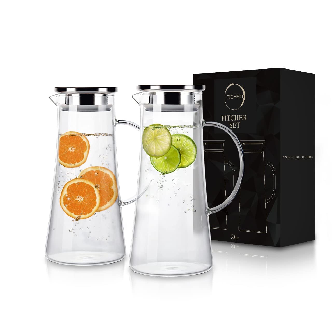 2-Pack Heat Resistant Glass Pitcher with Lid & Spout - 50oz Stainless Steel Lid Carafe for Coffee, Juice, Iced Tea & Water | Perfect for Entertaining, Restaurants & Home Kitchen Use