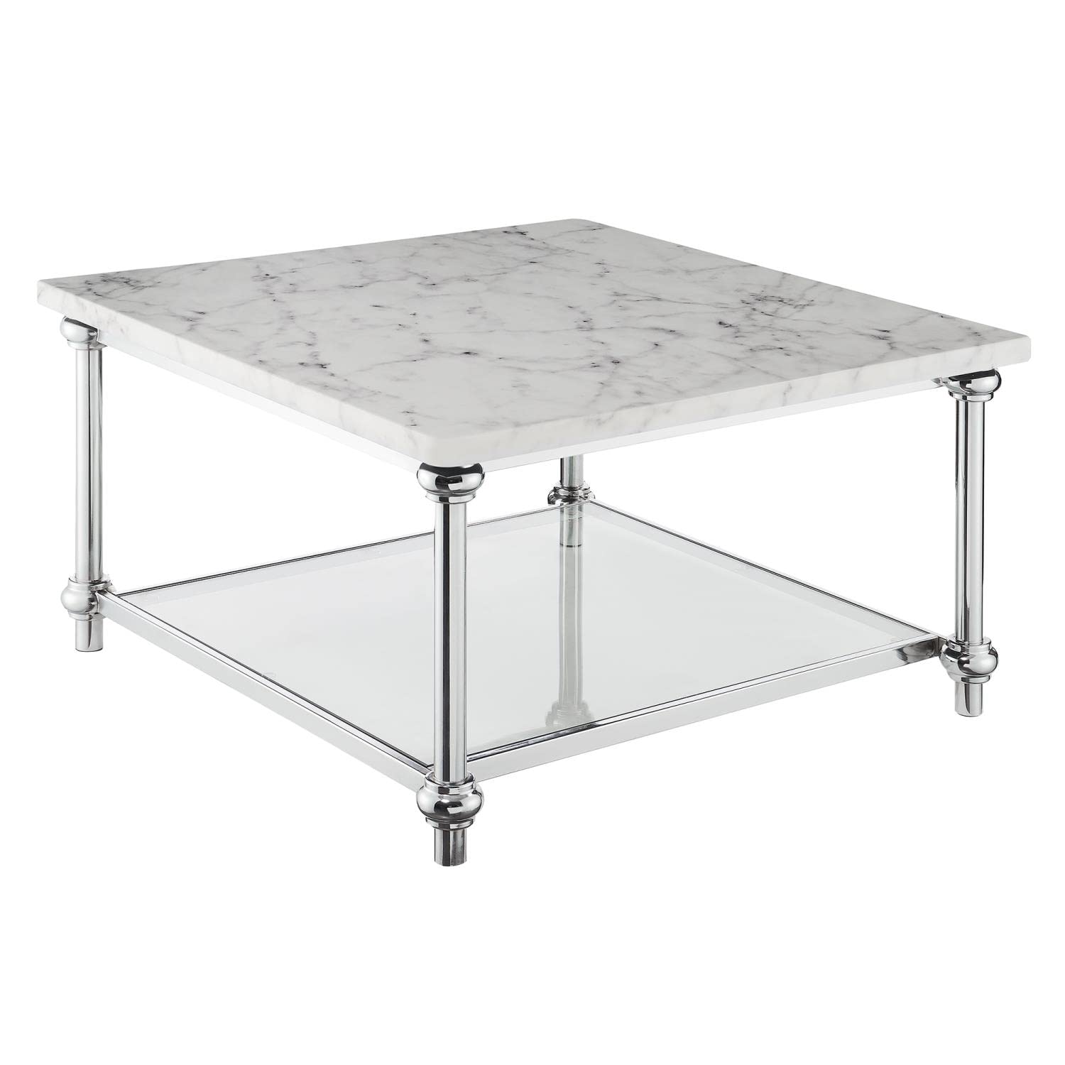 Convenience Concepts Roman II Square Coffee Table - Faux White Marble & Chrome Finish | Modern Living Room Centerpiece for Home Decor