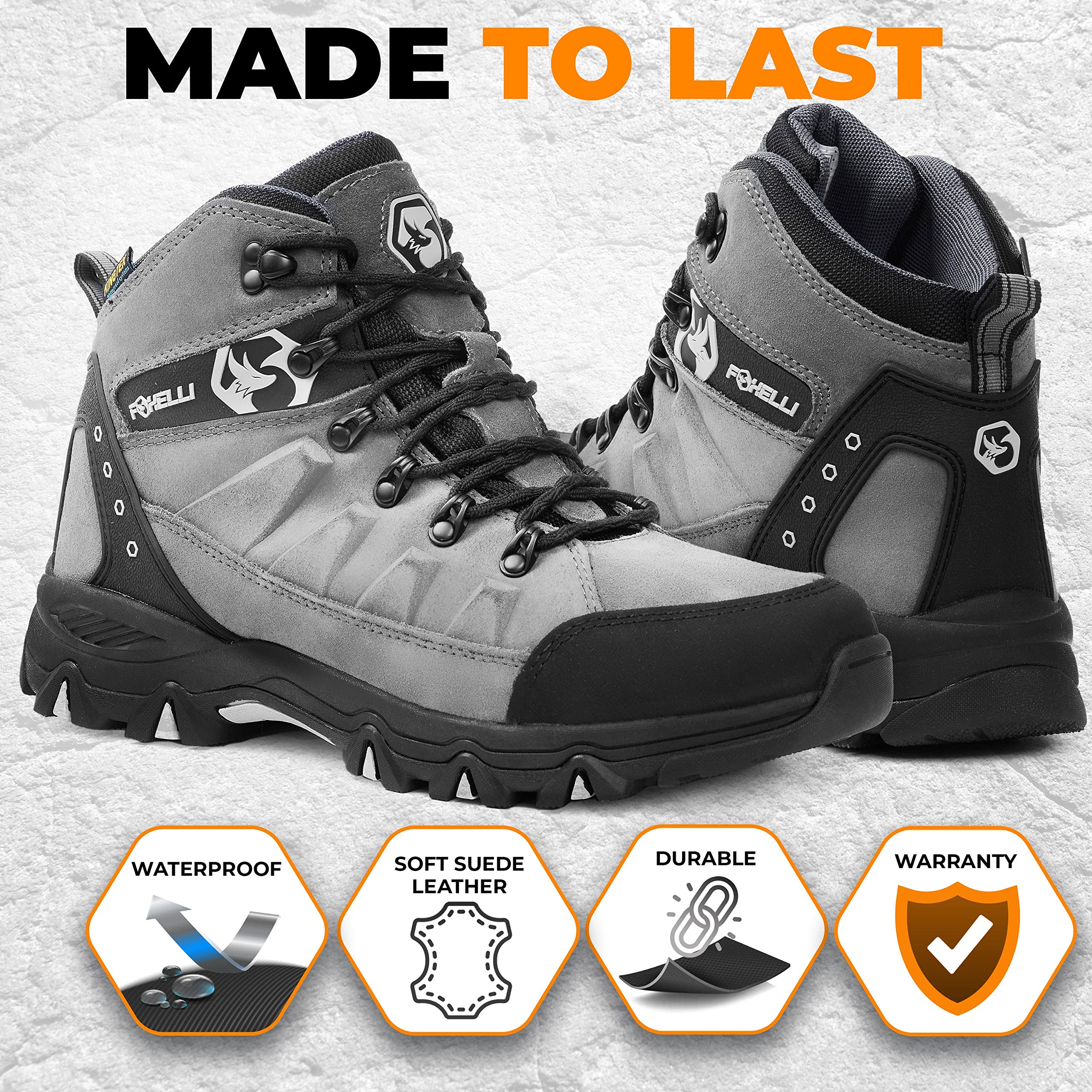 Foxelli Men's Waterproof Hiking Boots - Lightweight Breathable Suede Leather Outdoor Shoes for Trekking & Camping | Perfect for Mountain Trails & Backpacking Adventures