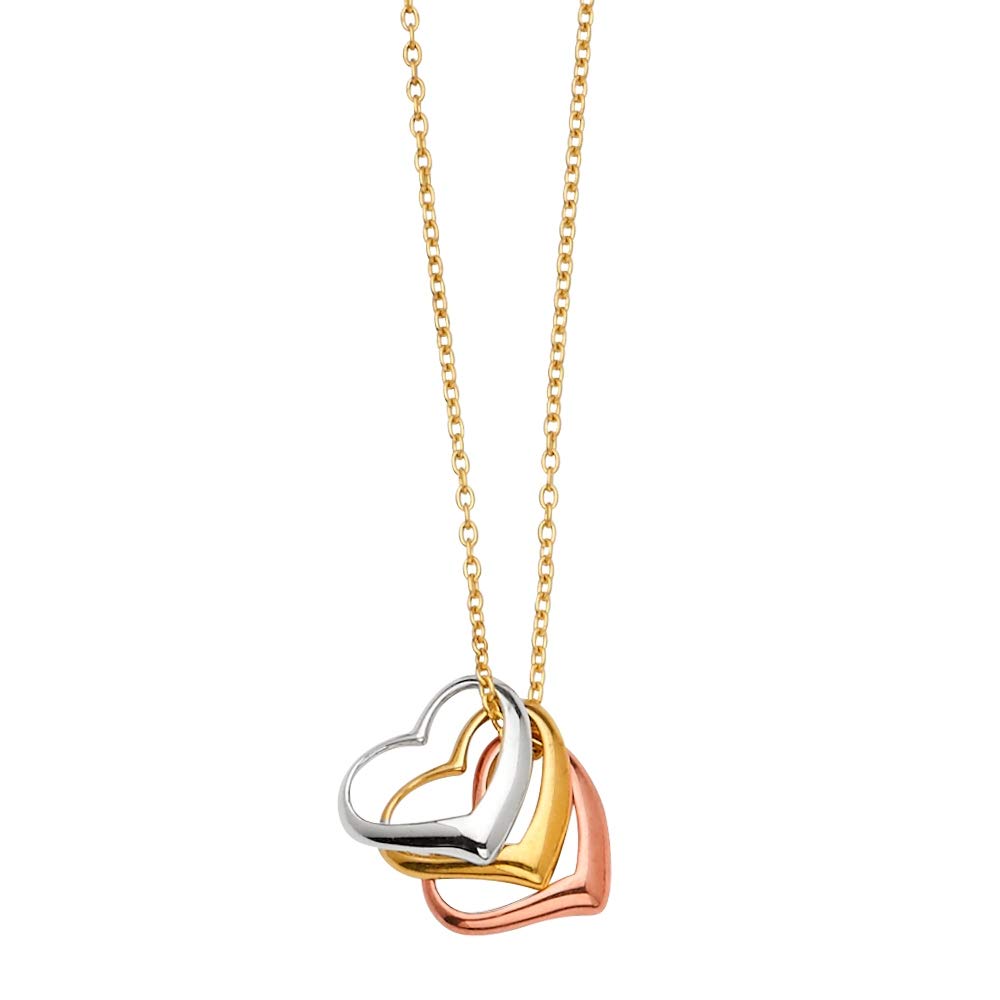 14K Yellow Gold, White Gold & Rose Gold 3 Heart Pendant Necklace - Dainty Love Heart Chain Jewelry Gift for Women, Girlfriend, Wife - Perfect for Valentine's Day, Anniversary & Romantic Occasions