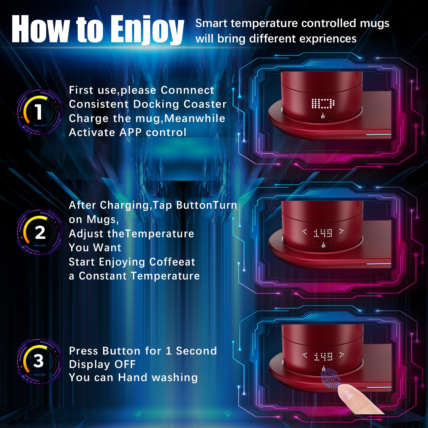 Smart Self Heating Coffee Mug 18 Oz - App Controlled Temperature Control Warmer Cup with LED Display & Fast Wireless Charger Base (5-10 Hours Heat Retention) - Perfect for Office, Travel, Commuting & Home Use - Rogue Red