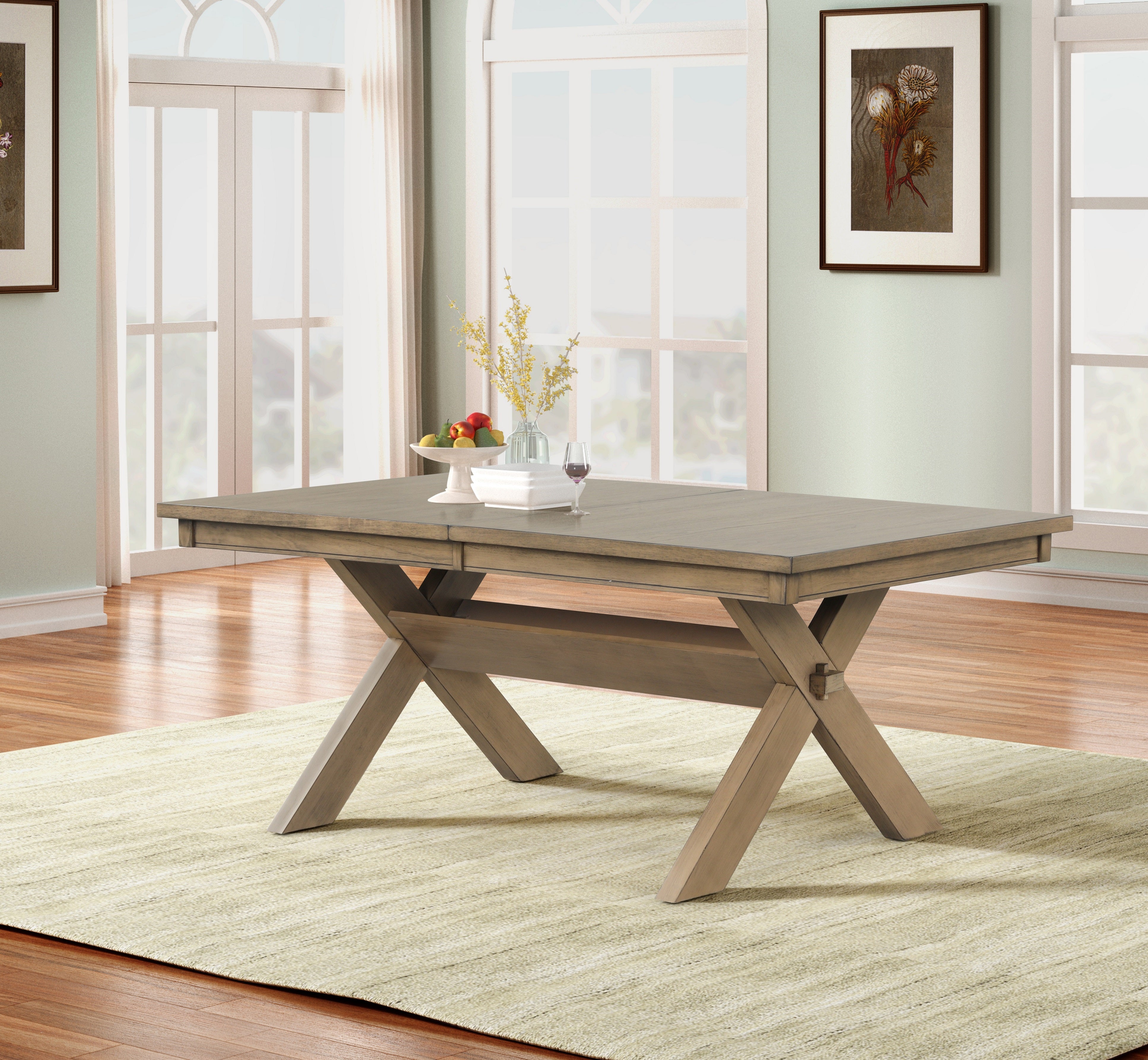 Raven Wood Trestle Extendable Dining Table with Leaf - Glazed Pine Brown Finish - Farmhouse Style Expandable Table for Dining Room, Kitchen, and Entertaining