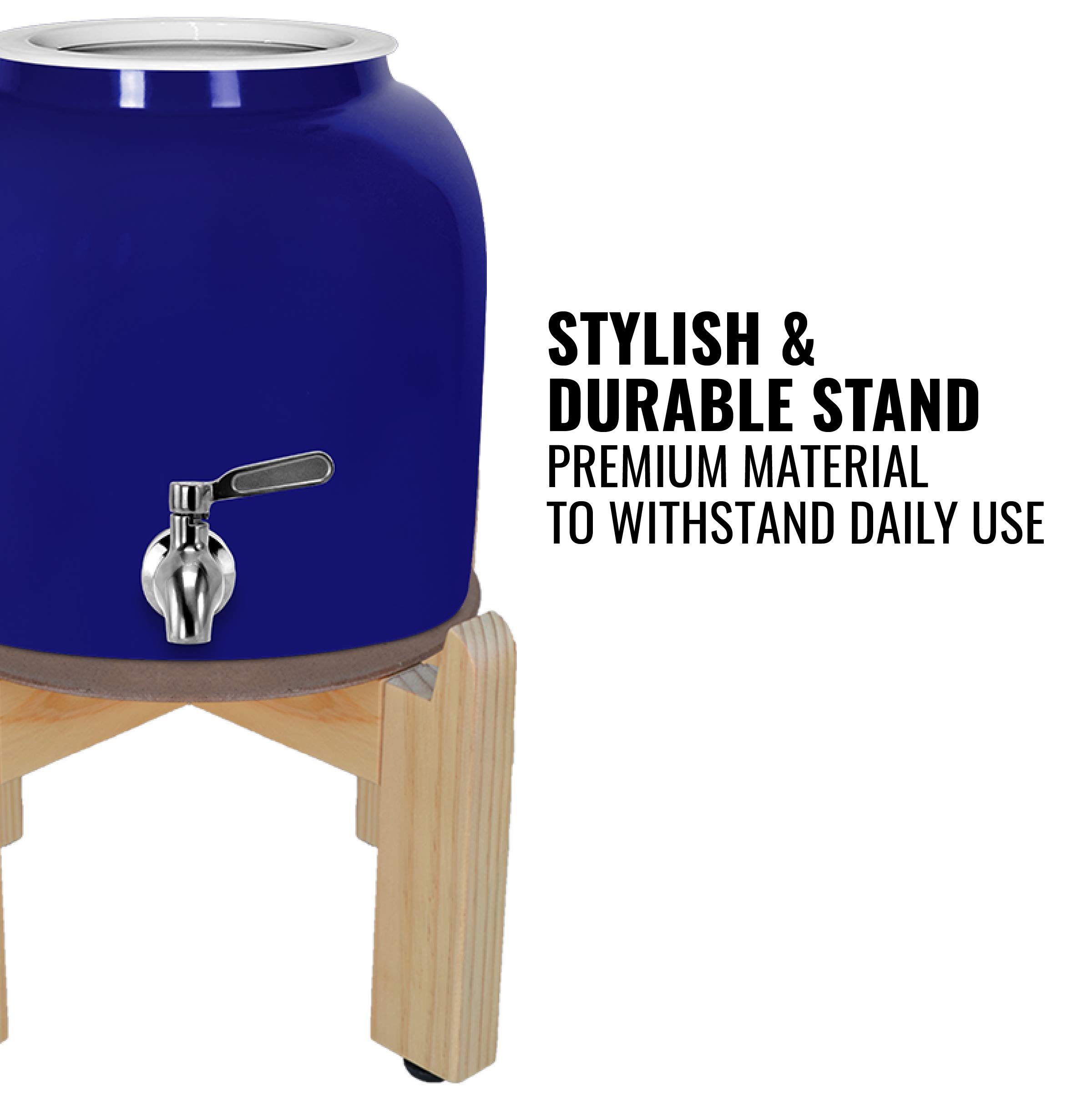 Geo Sports 8-Inch Porcelain Ceramic Water Dispenser with Wood Stand & Stainless Steel Faucet - 3-5 Gallon Jug Compatible - Blue - Perfect for Home, Office, or Outdoor Use