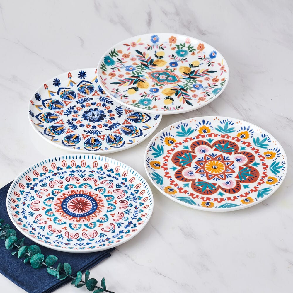 Hand-Painted Ceramic Medallion Salad Plates - Set of 4, 8.5 Inch Decorative Dinner Plates for Appetizers, Desserts & Party Serving - Elegant Tableware for Weddings, Holidays & Special Occasions