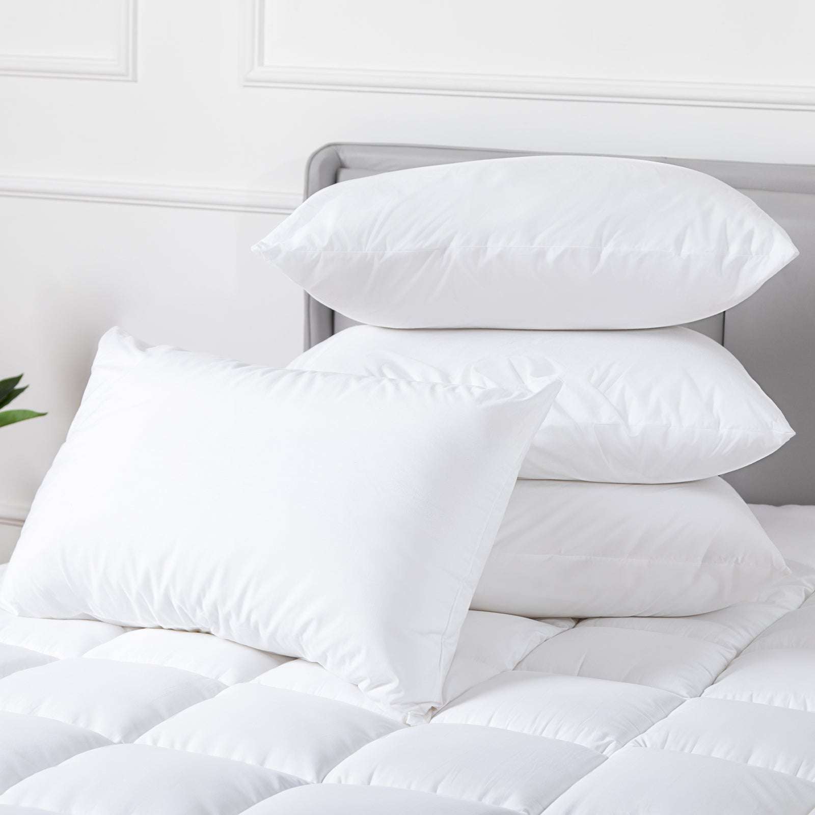 100% Cotton Pillow Cover with 800g Poly Fill - Hypoallergenic, Antibacterial & Cooling Technology - Set of 4 - Perfect for Bedroom, Guest Room & Travel Use