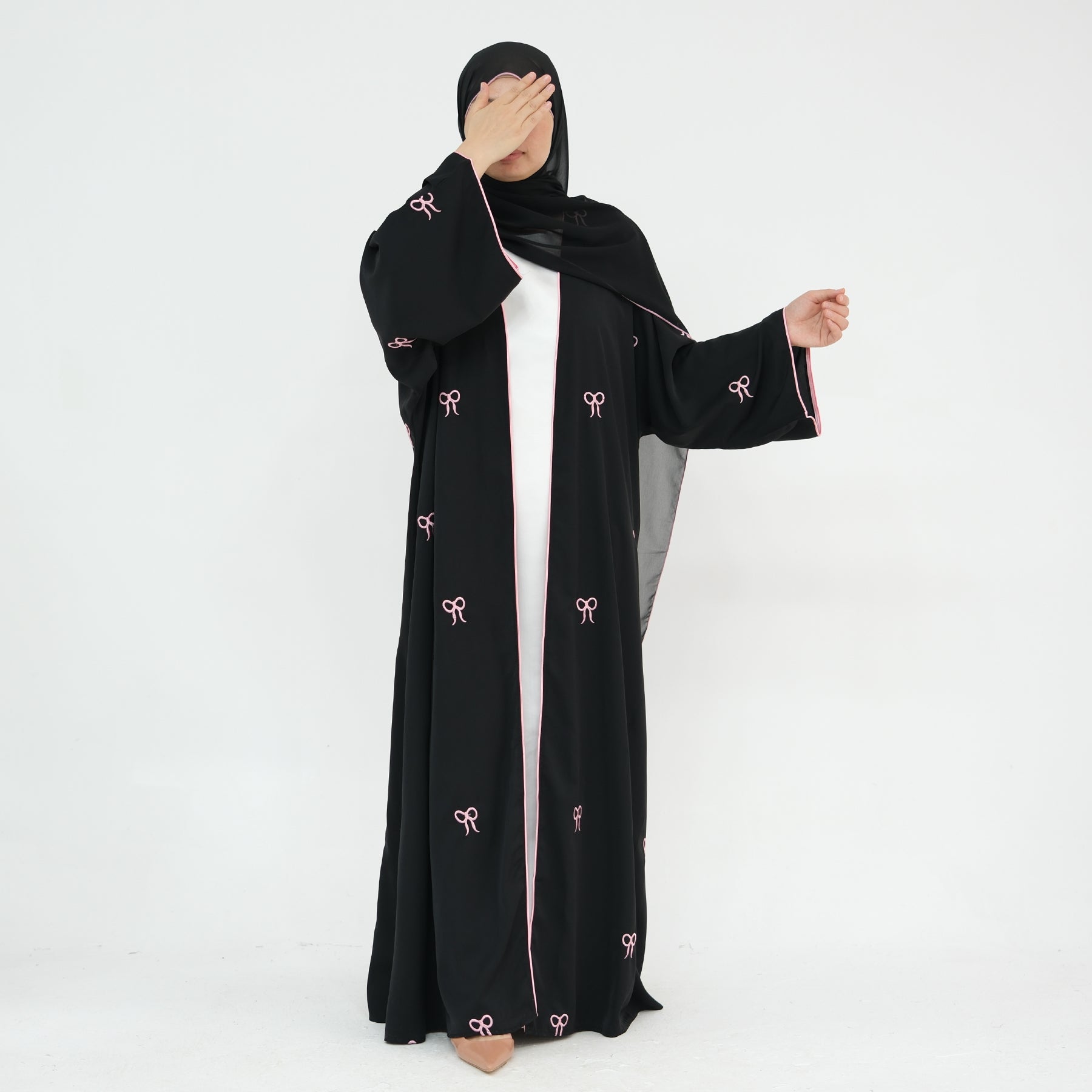 Elegant Iona Bowtie Open Abaya Kimono Set - Black | Modest Muslim Fashion for Women | Perfect for Prayer, Eid, and Special Occasions