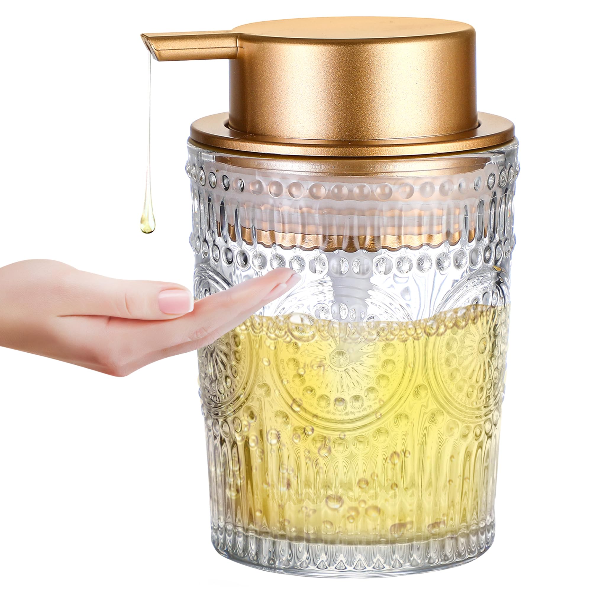 8 Oz Clear Glass Soap Dispenser with Gold Plastic Pump - Refillable Round Hand Lotion Bottle for Kitchen Sink & Bathroom Counter | Dish Soap & Liquid Soap Storage Solution for Home & Office Use