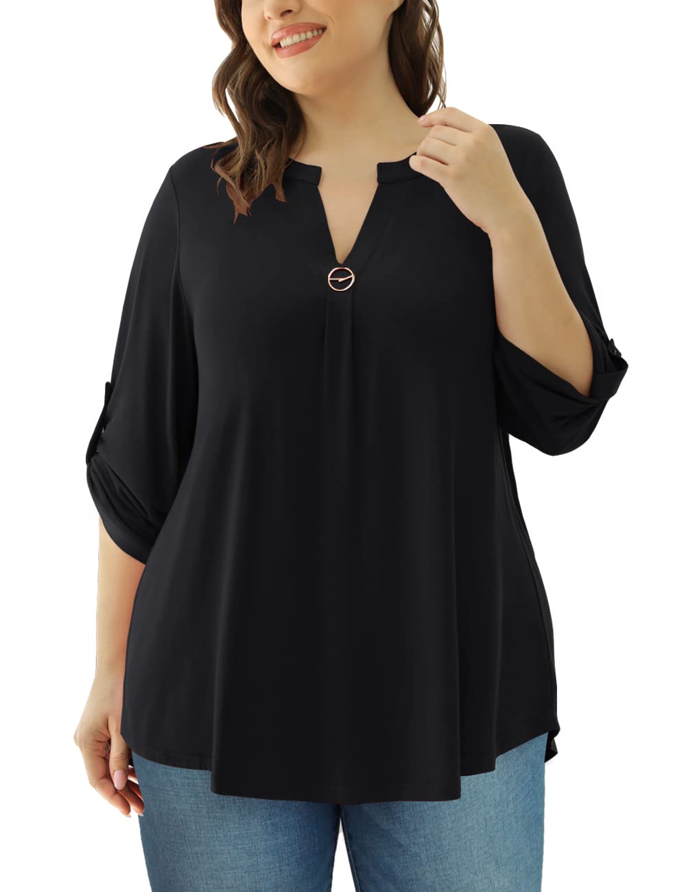Elegant 3/4 Sleeve Tunic Blouse for Women - Plus Size Dressy Casual Tops (M-4XL) in Black | Perfect for Office Wear, Date Nights & Special Occasions