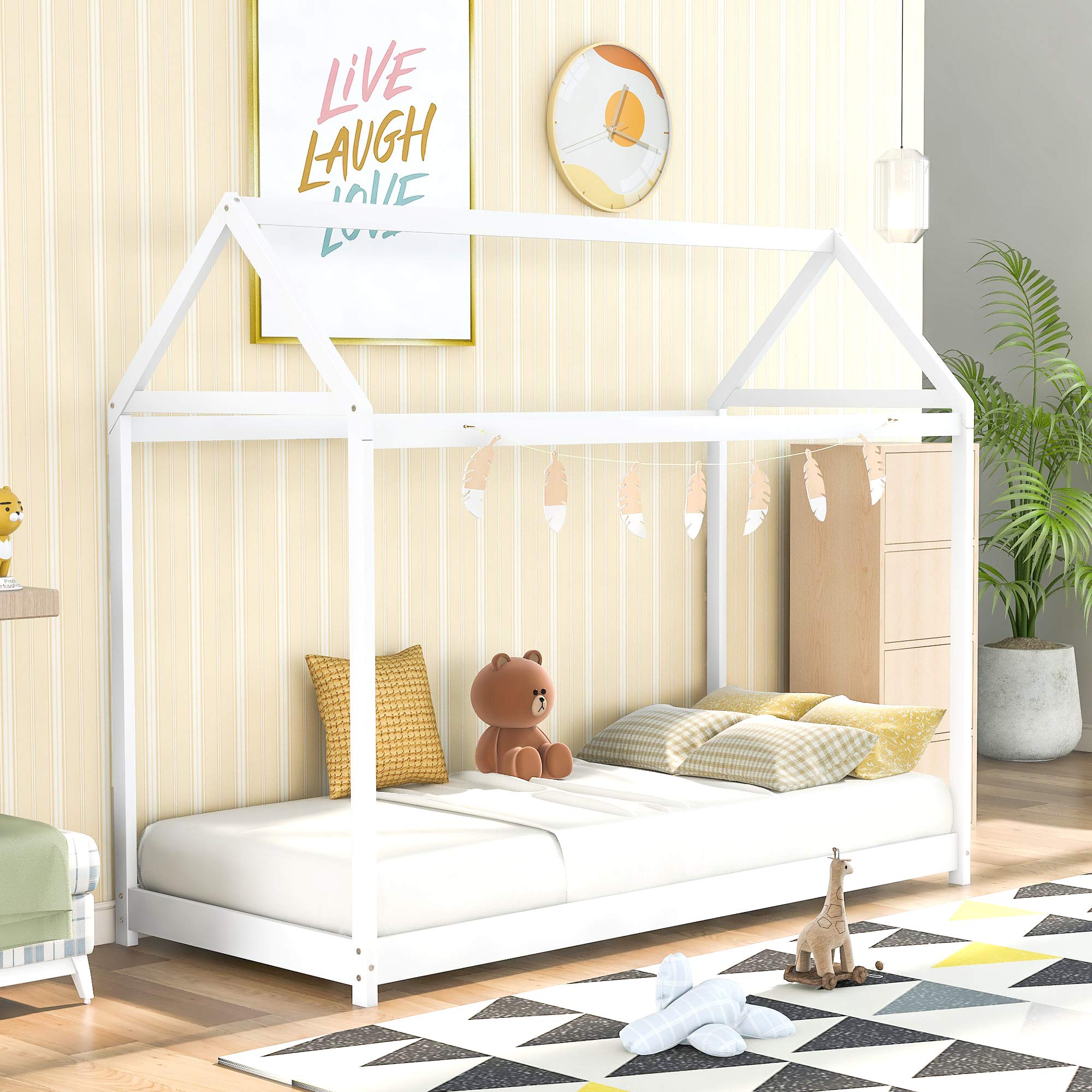 **MERITLINE Twin Size House Bed Frame with Roof for Kids - No Box Spring Needed, Sturdy & Safe (White) - Perfect for Bedrooms, Playrooms & Cozy Reading Nooks**