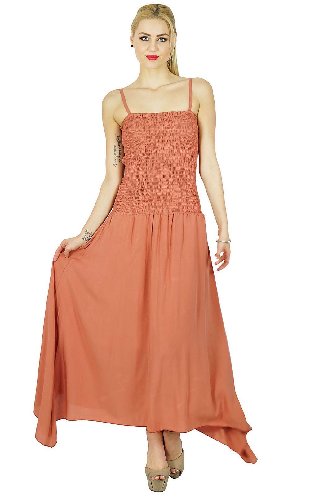 Bimba Women's Long Maxi Dress with Smocked Waist - Spaghetti Strap Casual Summer Dress in Rosy Brown | Perfect for Beach, Vacation & Outdoor Events