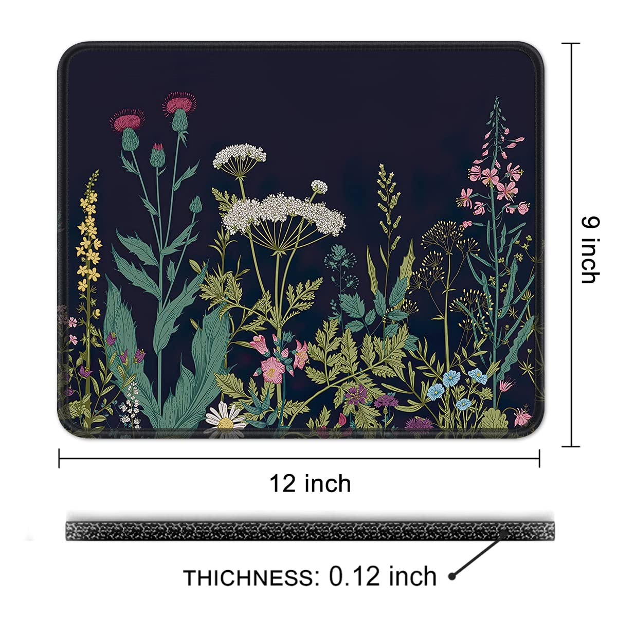 Premium Non-Slip Mouse Pad 12x10 Inch - Thick Rubber Base, Stitched Edges, Waterproof, Cute Floral Design for Gaming & Office Work - Perfect for Computer Desks, Home Office & Workspace Accessories
