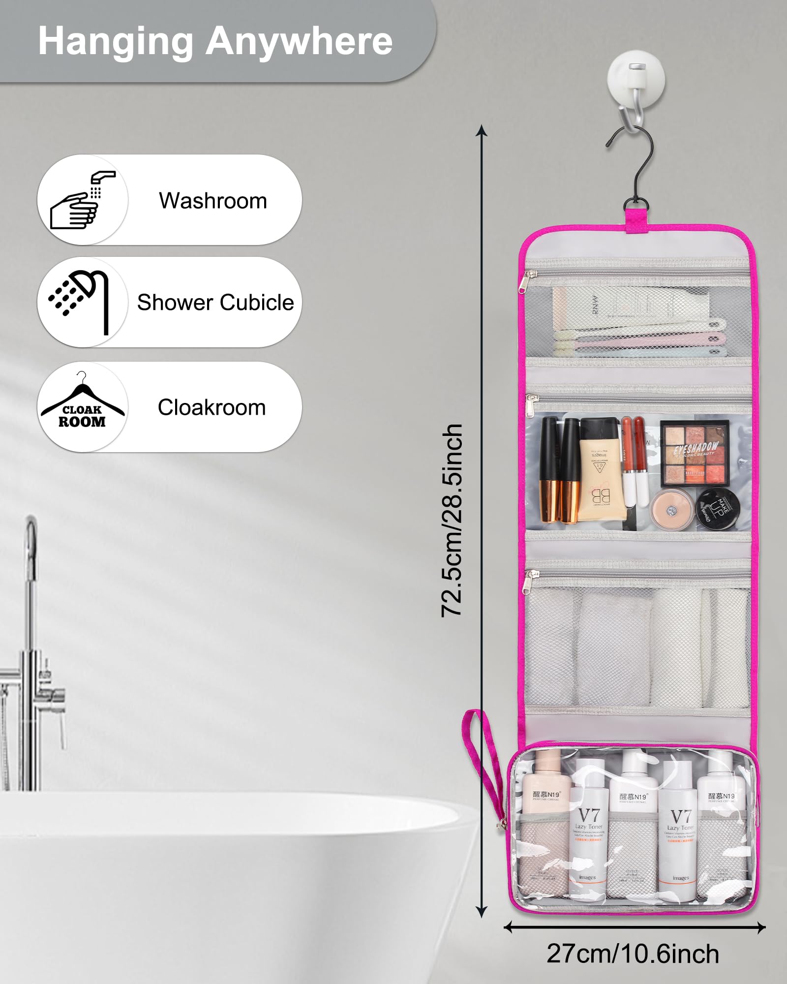 Relavel Hanging Travel Toiletry Bag for Women - Large Waterproof Cosmetic Organizer with Multiple Pockets, Pink Hanging Makeup Bag for Bathroom & Shower Essentials - Perfect for Travel, Camping & Gym Use