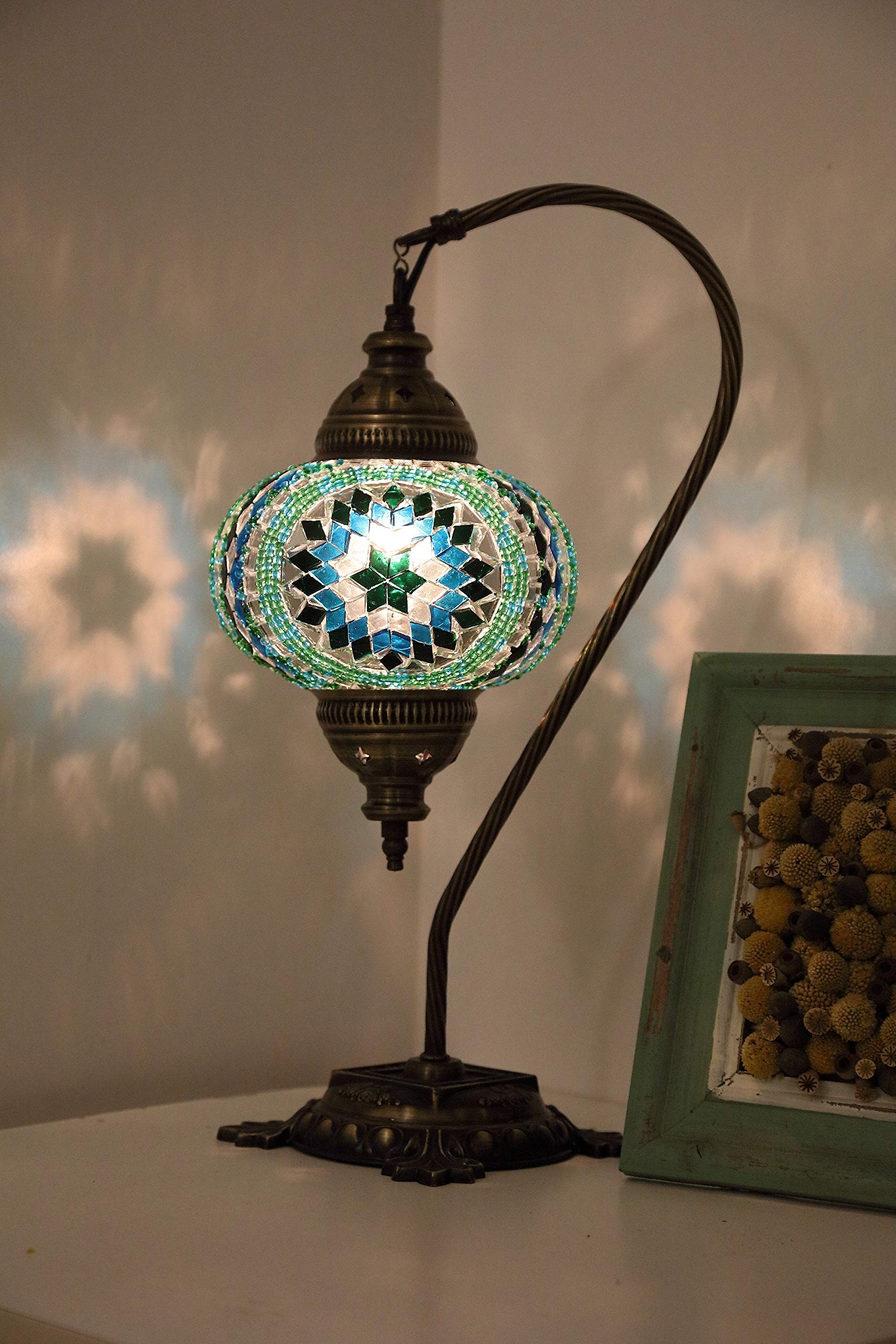 Handmade Mosaic Swan Lake Table Lamp - Unique Turkish Tiffany Moroccan Night Art Home Decor with 2 Bulbs Included - Perfect for Bedside, Living Room, and Boho Style Lighting