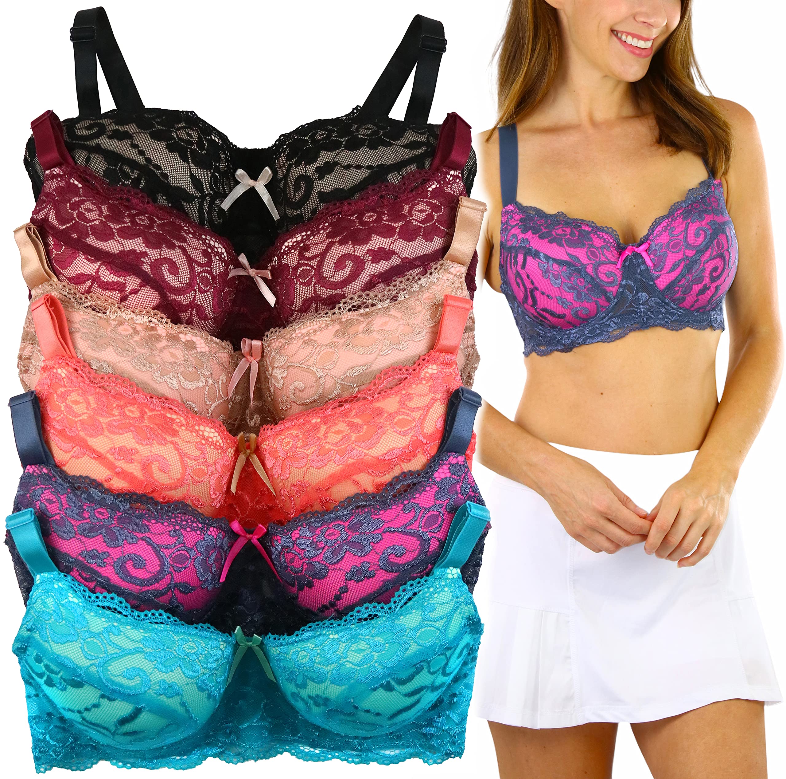 ToBeInStyle Women's Pack of 6 Comfortable Underwire Padded Bras with Support - Perfect for Everyday Wear, Work & Lounge