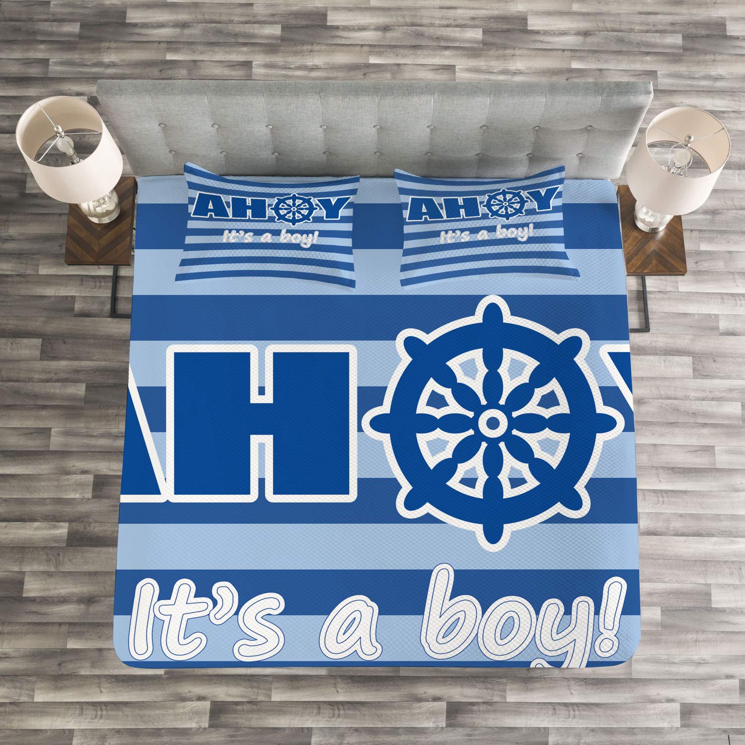 Ambesonne Gender Reveal Party Bedspread Set - Modern Marine Wheel Striped Design, 3-Piece Decorative Bedding with Coverlet & 2 Pillow Shams, King Size in Pale Blue & White | Perfect for Baby Shower Decorations & Nursery Room Styling