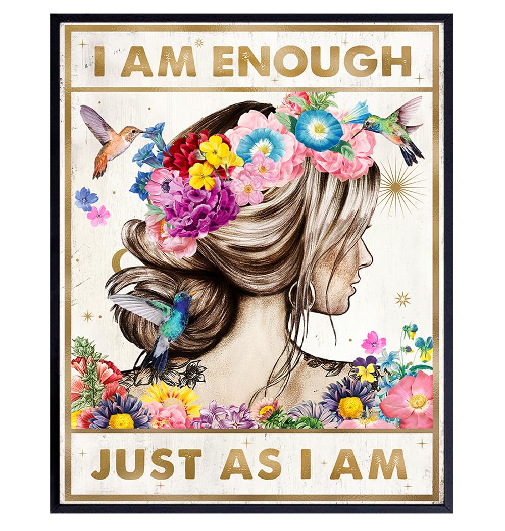 Inspirational Wall Art with Positive Quotes - Motivational Affirmations for Women & Teens - Zen & Boho Chic Room Decor - Perfect for Bedroom, Office & Daughter Gifts - 'I Am Enough' Poster