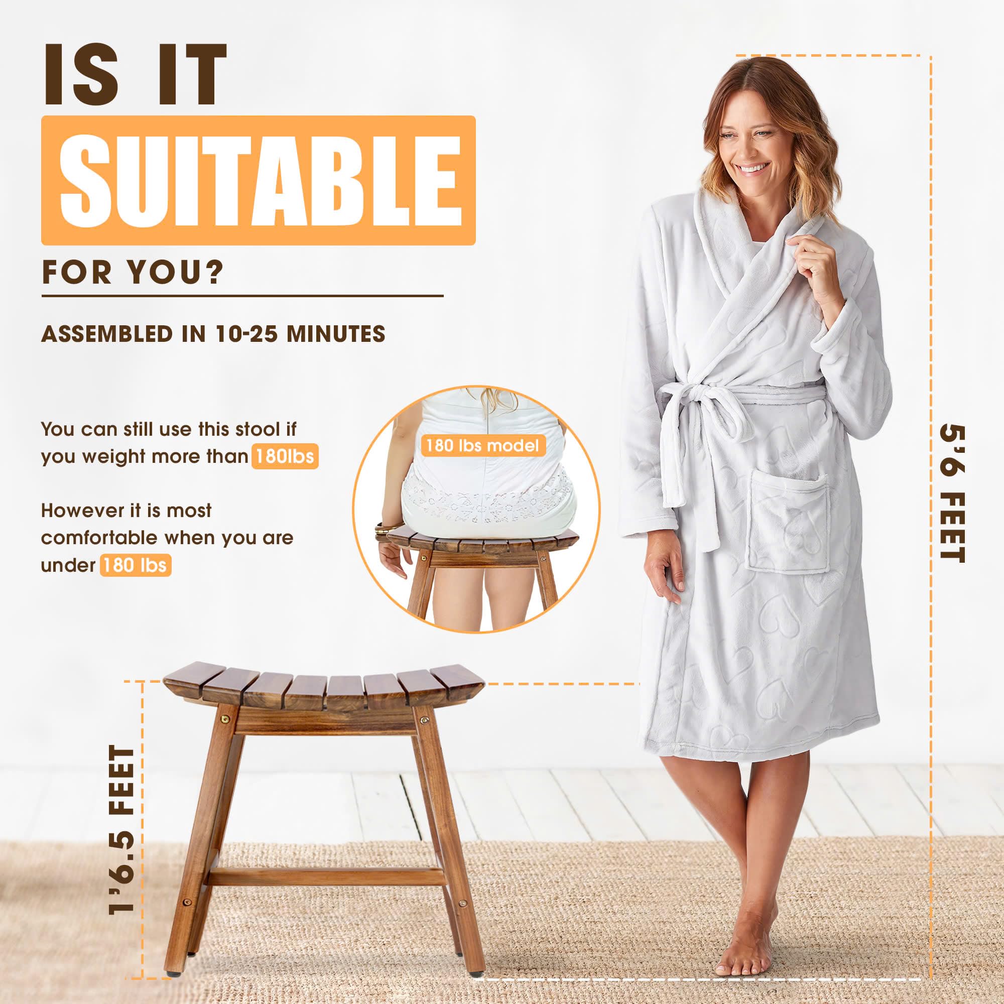 Acacia Wood Shower Stool - 18 Inch Waterproof Bath Bench for Adults & Seniors - Non-Slip Spa Seat for Shaving Legs & Relaxing - Perfect for Elderly Safety & Bathroom Comfort (Use in Showers, Bathtubs & Wet Rooms)