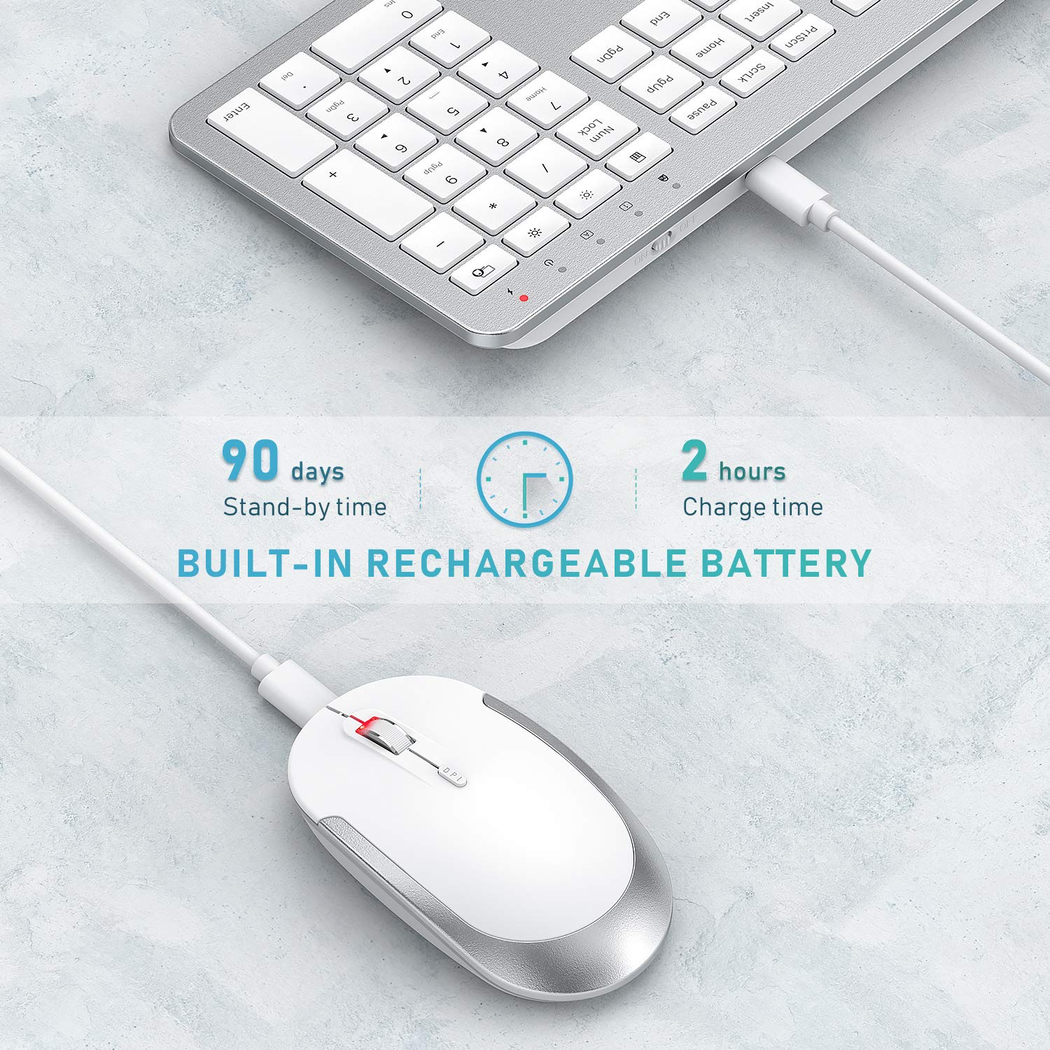Seenda Rechargeable Wireless Keyboard and Mouse Combo - Full Size Cordless Keyboard with Built-in Lithium Battery, Ultra Thin Quiet Design - Silver & White for Office, Home, Gaming, and Remote Work