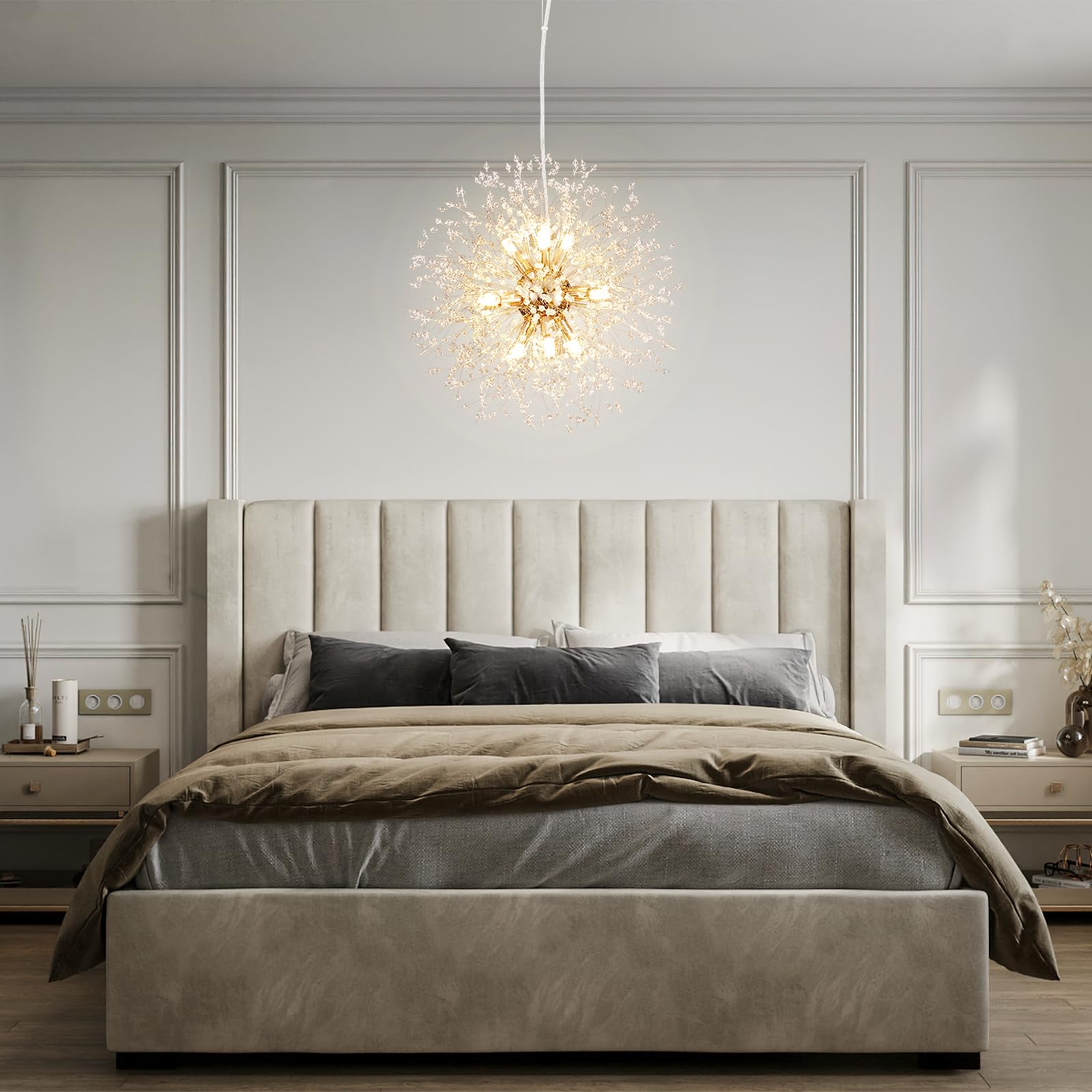 Modern Crystal LED Chandelier - 9-Light Gold Firework Dandelion Ceiling Light Fixture for Bedroom, Living Room, Dining Room | Elegant Lighting for Home Decor, Restaurants & Bars | Energy-Efficient Dimmable Hanging Light for Romantic Ambiance & Special Occasions
